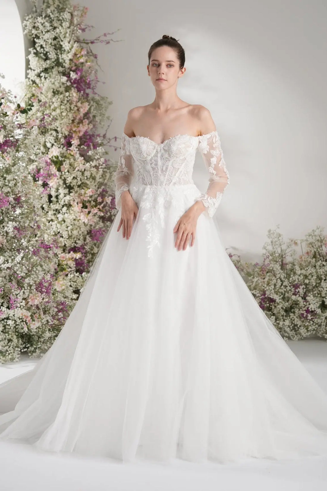 A-line Sweetheart Sleeveless Mesh Full Lace Elegant Wedding Dress With Court Train zhexudai