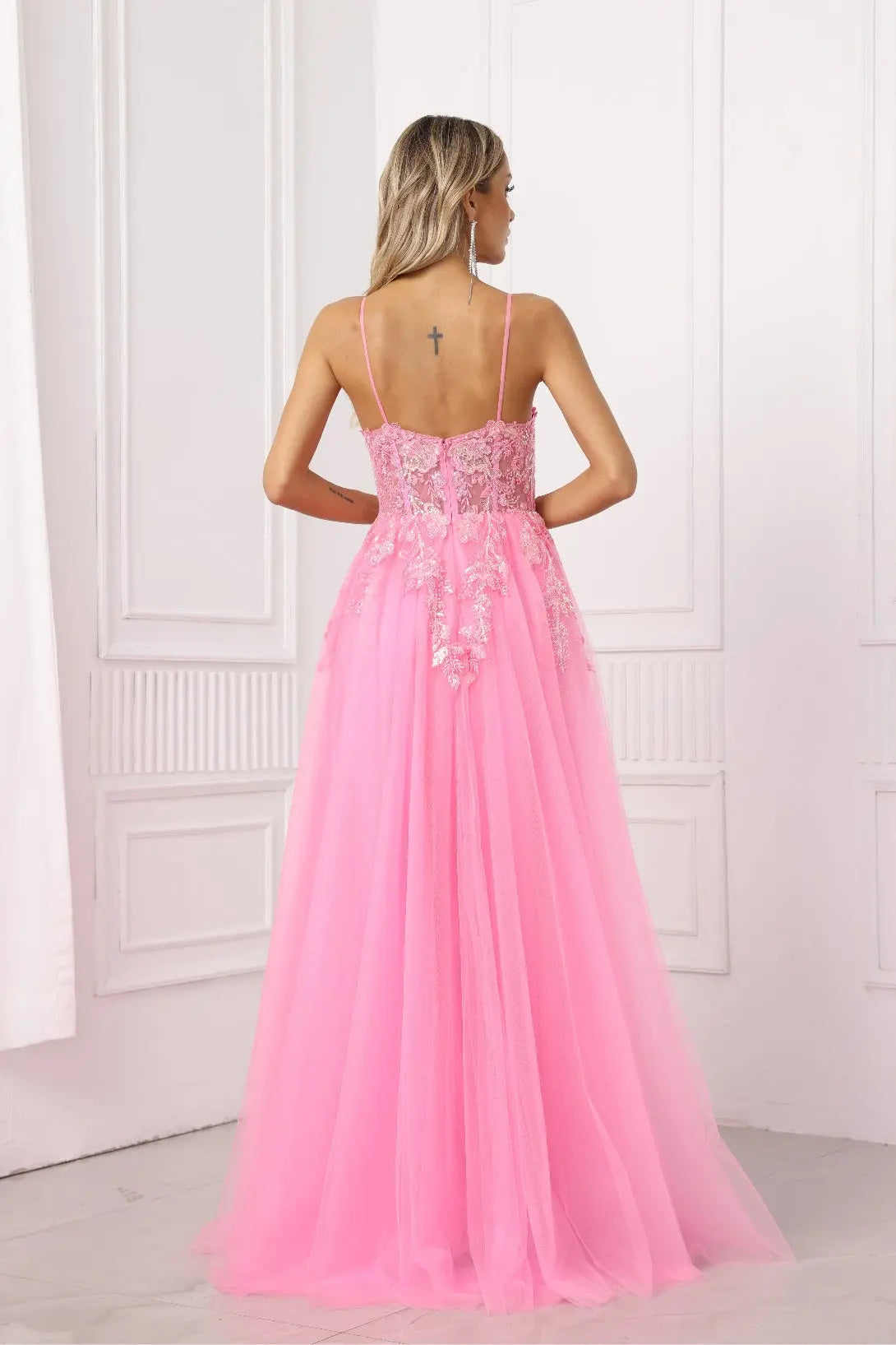 Calyra A-Line Spaghetti-Strap Tulle Prom Dress in Bright Pink