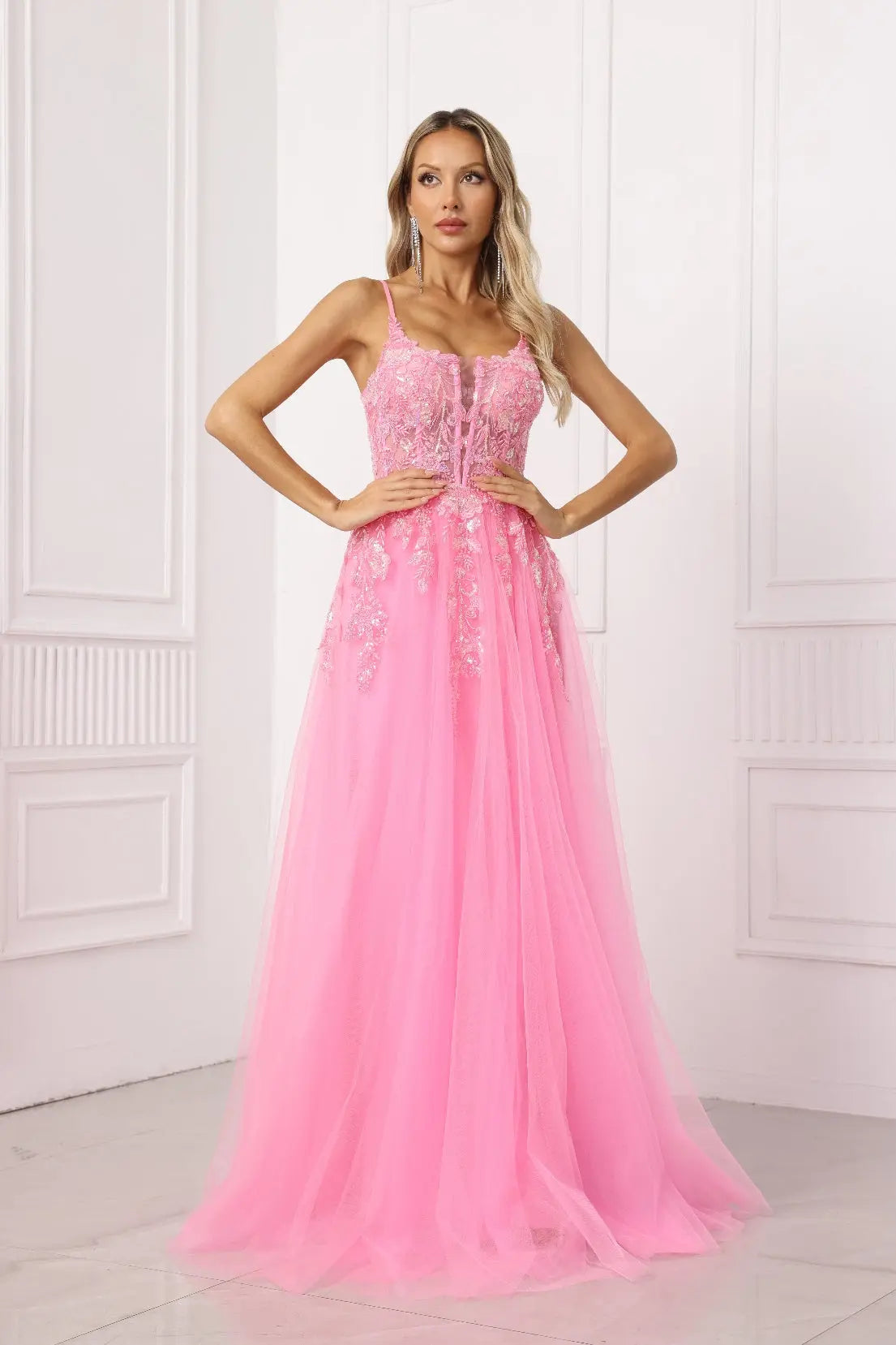 Calyra A-Line Spaghetti-Strap Tulle Prom Dress in Bright Pink