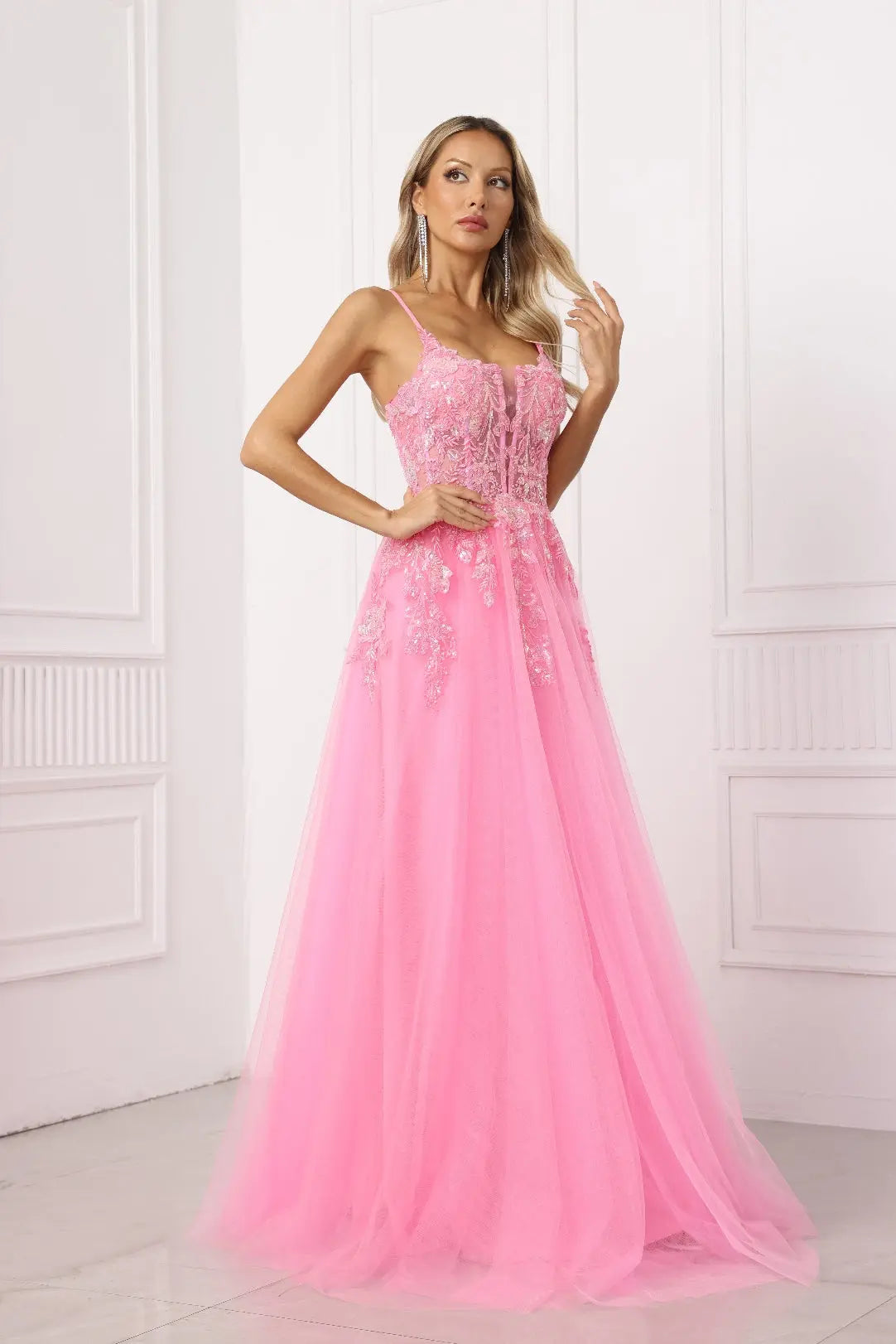 Calyra A-Line Spaghetti-Strap Tulle Prom Dress in Bright Pink