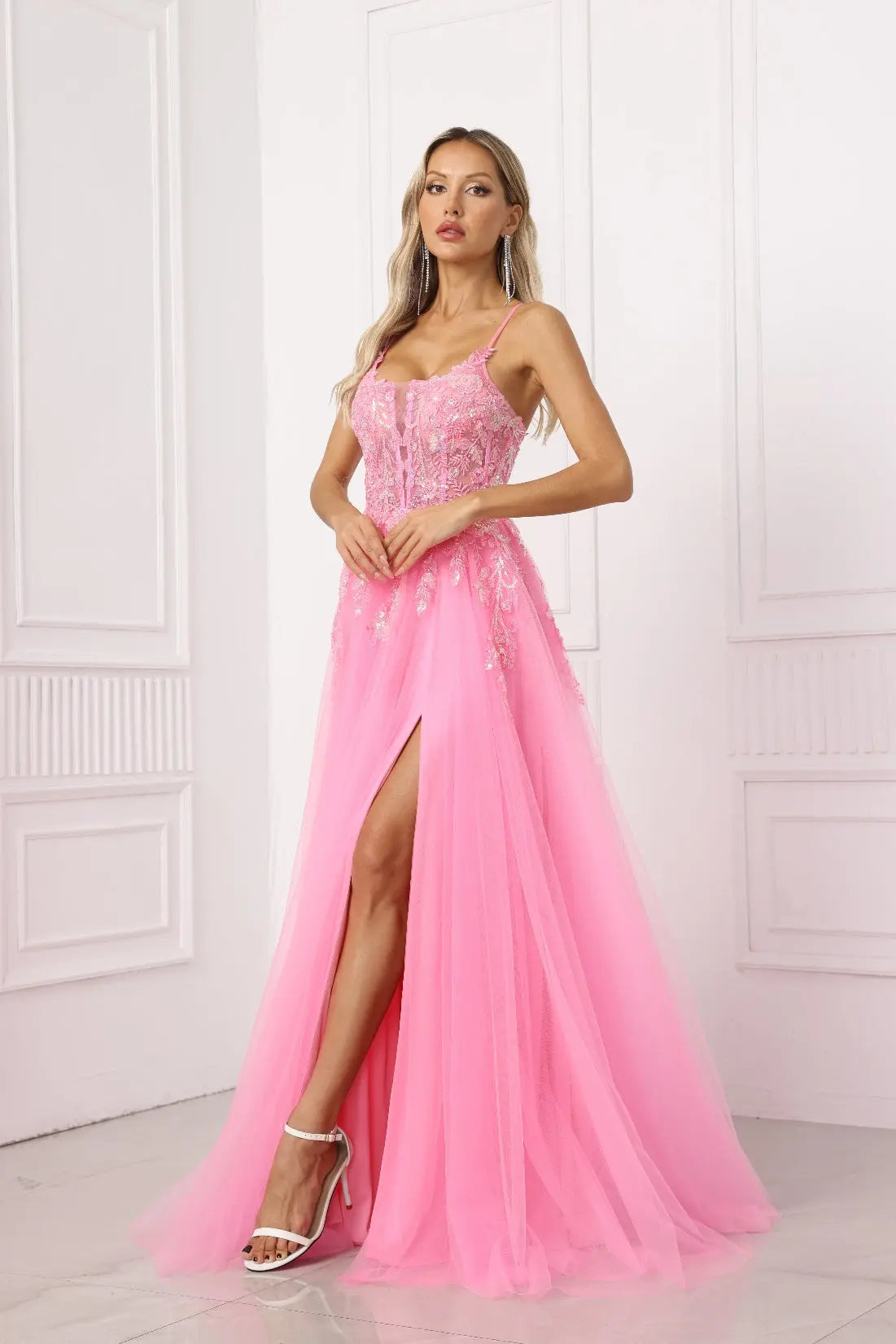 Calyra A-Line Spaghetti-Strap Tulle Prom Dress in Bright Pink
