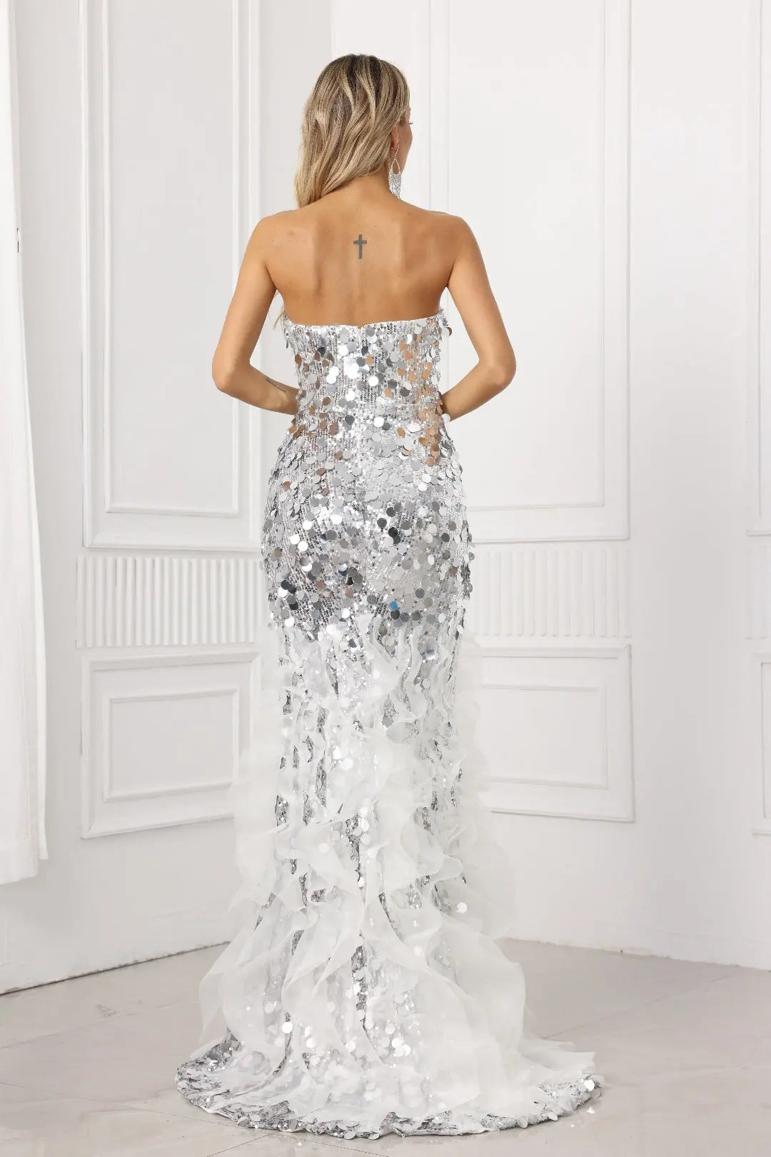 Novalune Mermaid Strapless Sequined Tulle Prom Dress in Light Gray