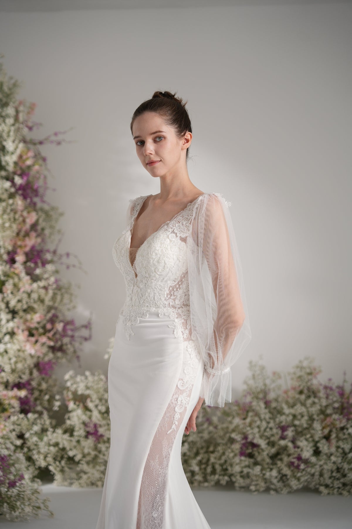 Trumpet/Mermaid Deep V Neck Long Sleeve Full Lace Sexy Bridal Wedding Dress with Court Train zhexudai