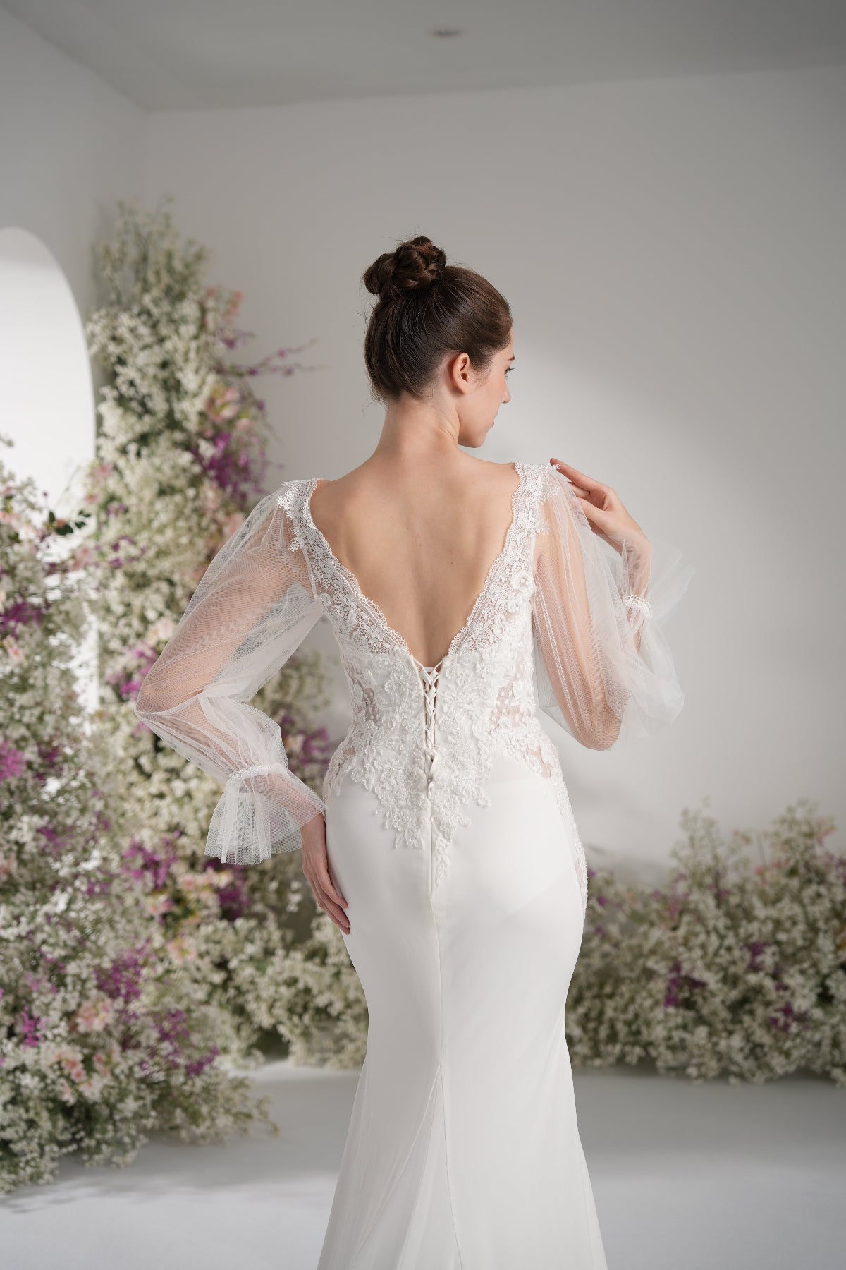 Trumpet/Mermaid Deep V Neck Long Sleeve Full Lace Sexy Bridal Wedding Dress with Court Train zhexudai