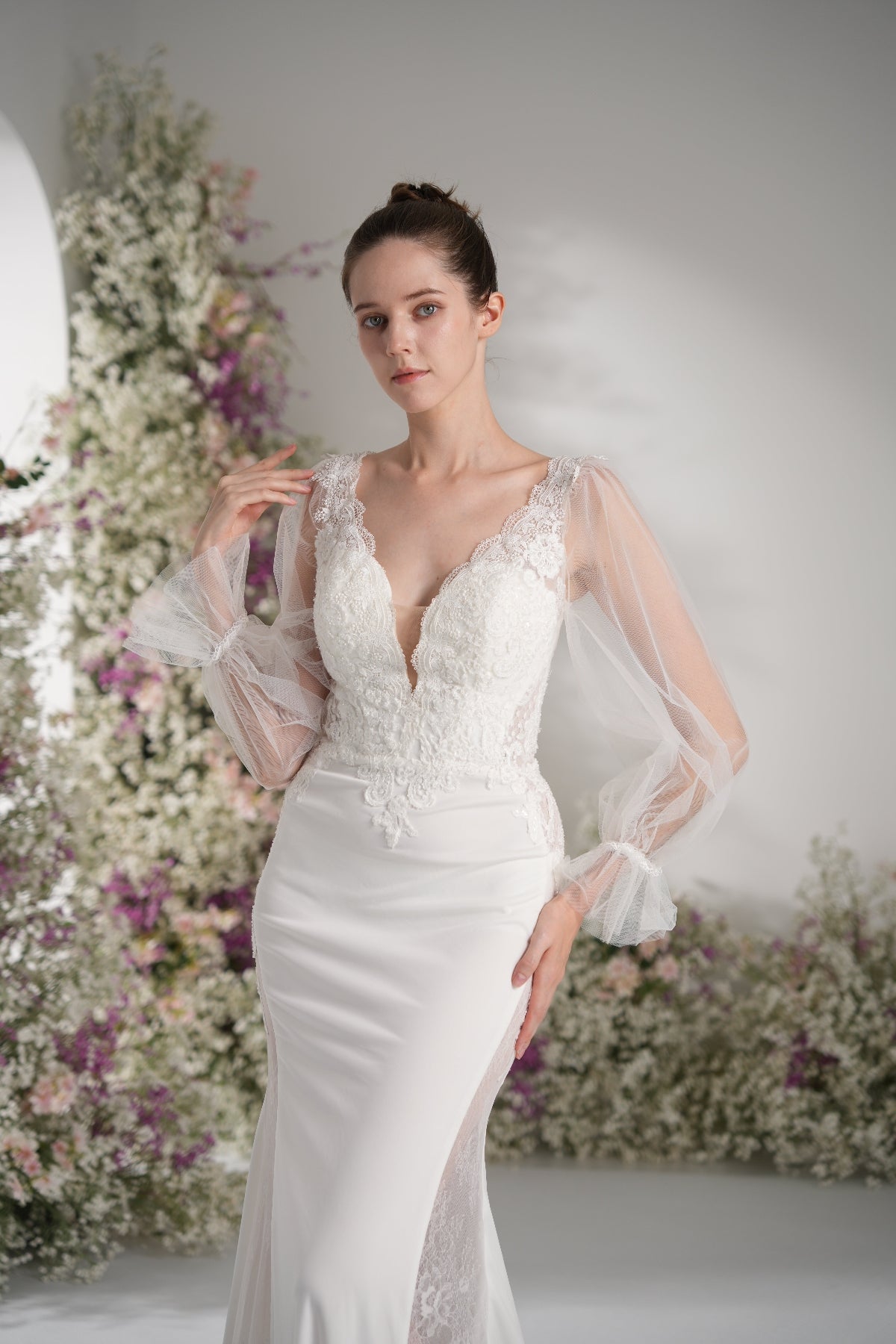 Trumpet/Mermaid Deep V Neck Long Sleeve Full Lace Sexy Bridal Wedding Dress with Court Train zhexudai