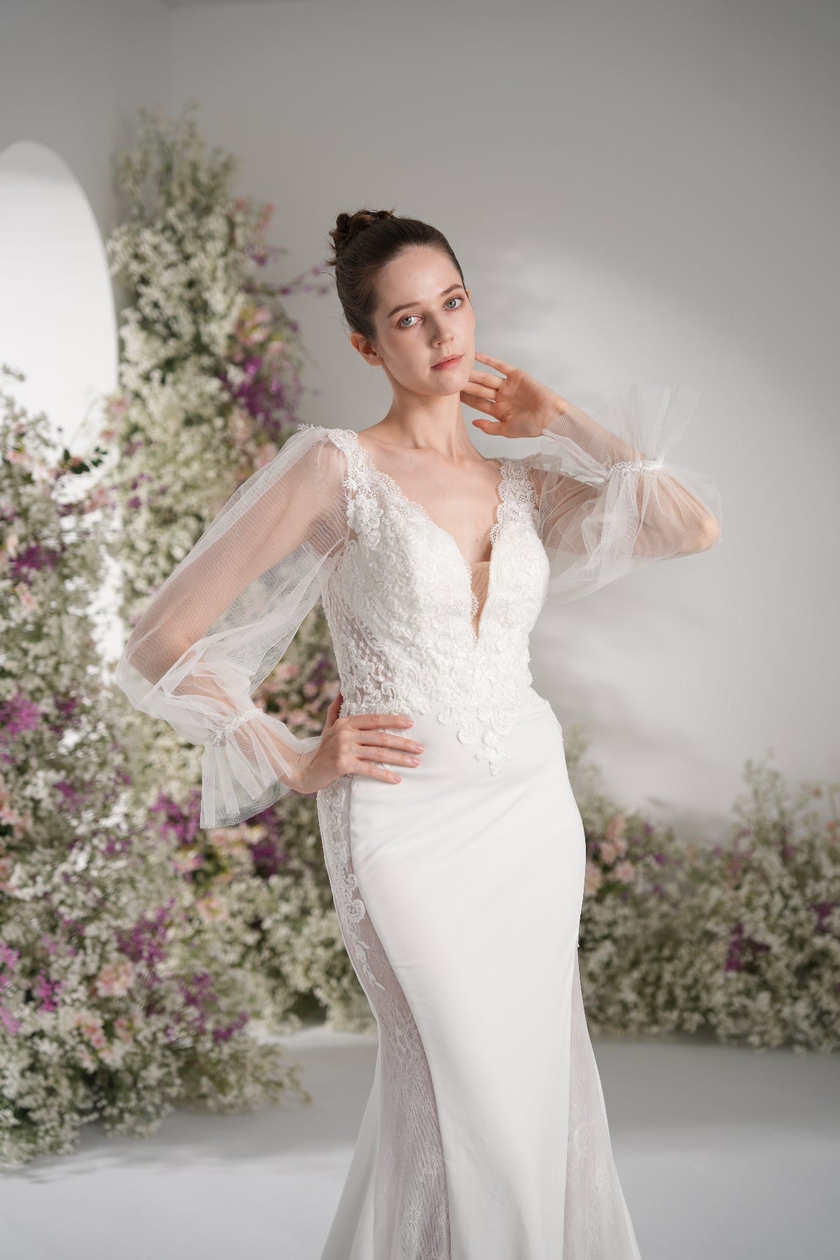 Trumpet/Mermaid Deep V Neck Long Sleeve Full Lace Sexy Bridal Wedding Dress with Court Train zhexudai