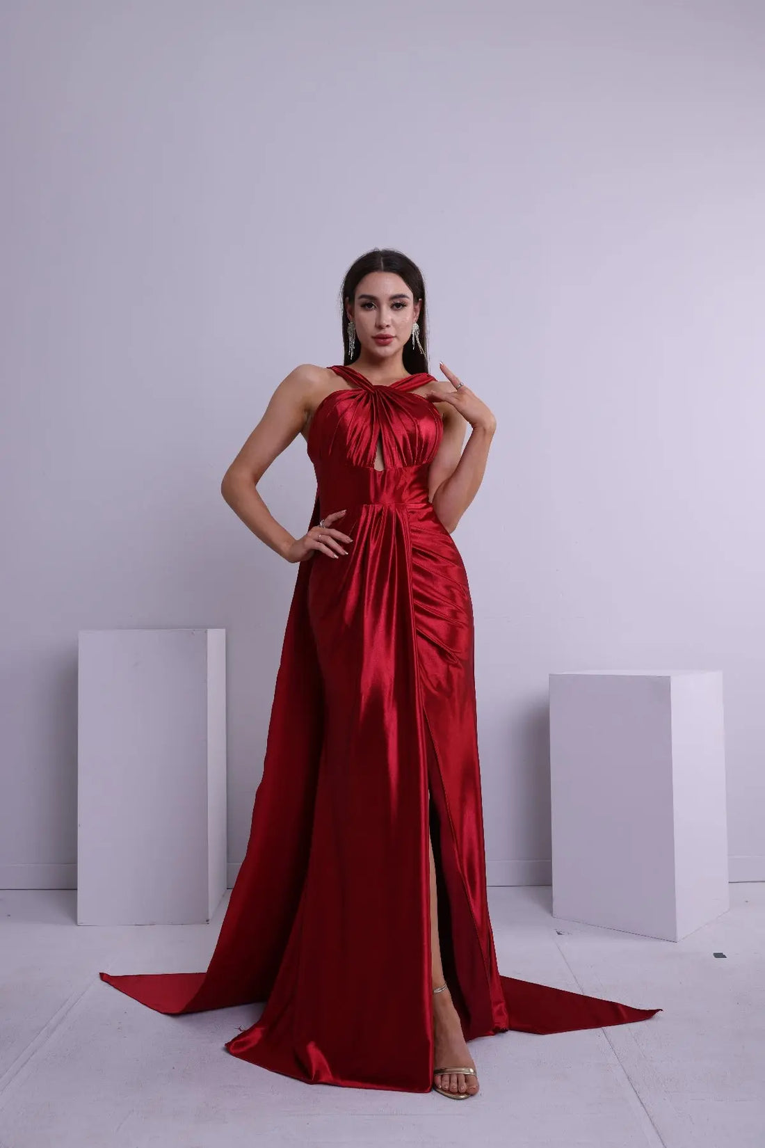 Maristelle Mermaid Halter Satin Prom Dress in Wine Red