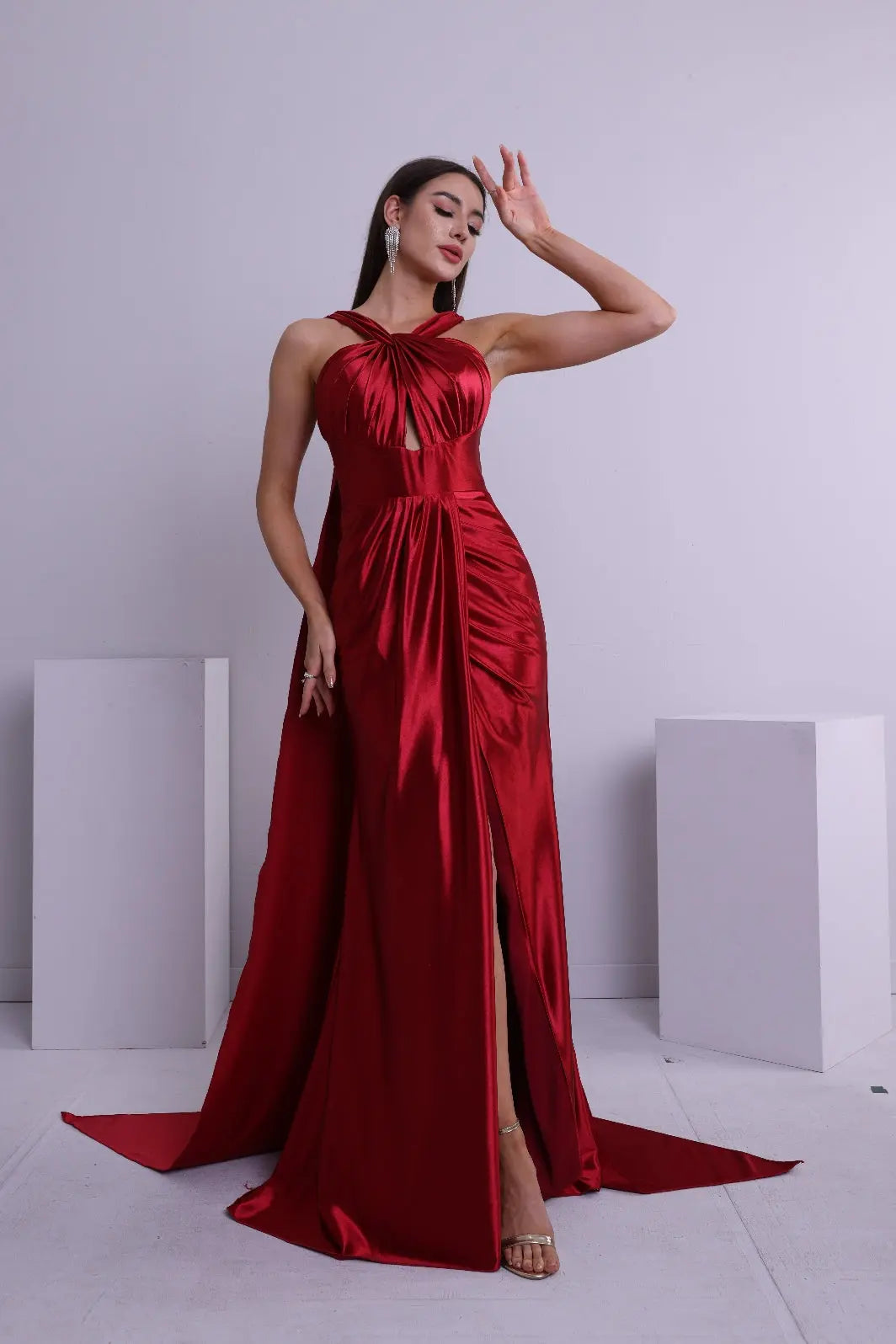 Maristelle Mermaid Halter Satin Prom Dress in Wine Red