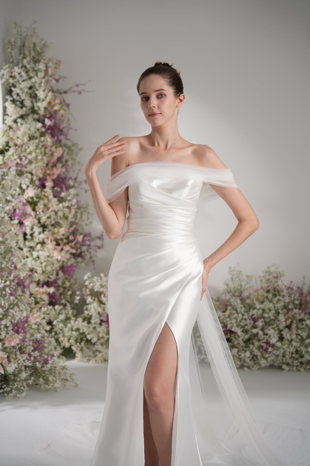 Trumpet/Mermaid Off-The-Shoulder Cape Ruffled Tulle Satin Wedding Dress With Court Train zhexudai