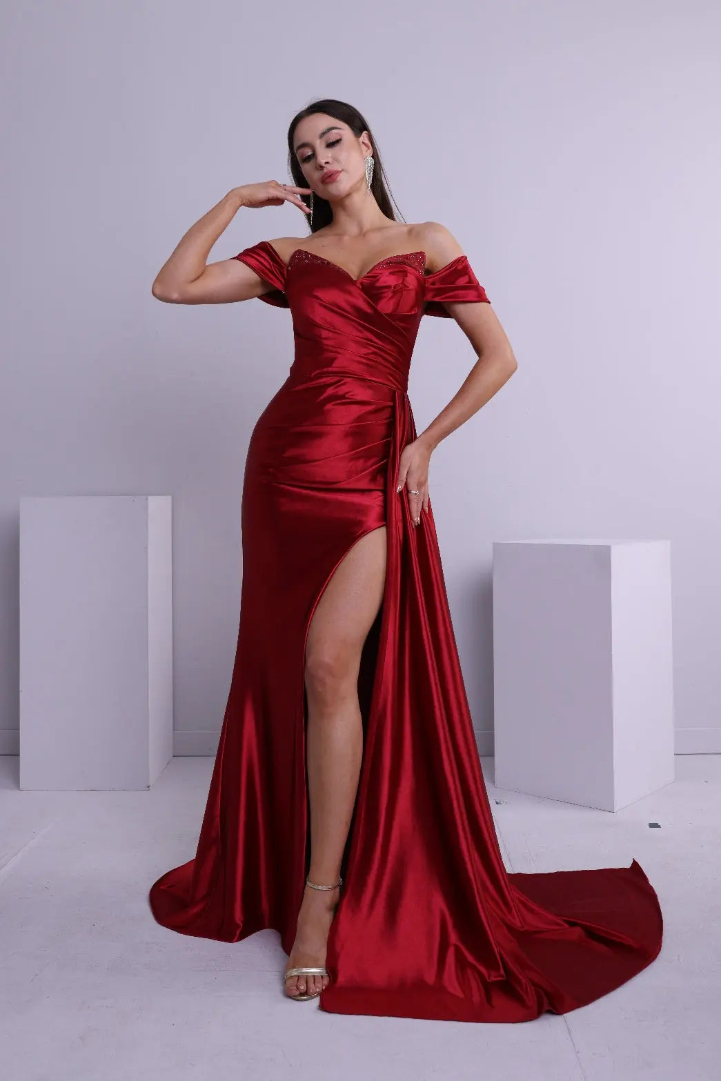 Seravine Mermaid Off-the-Shoulder Satin Prom Dress in Wine Red
