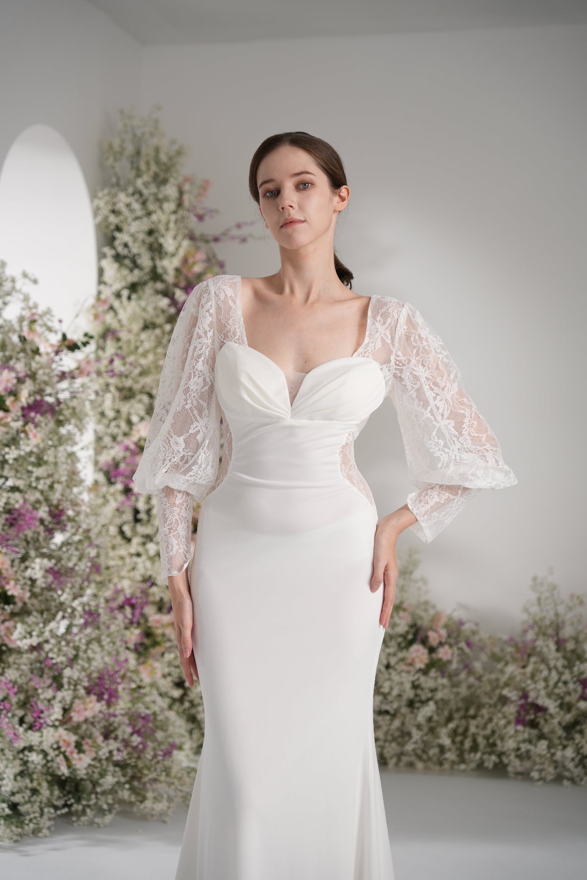 Trumpet/Mermaid Queen neckline Long Sleeve Lace Modest Wedding Dress With Court Train zhexudai