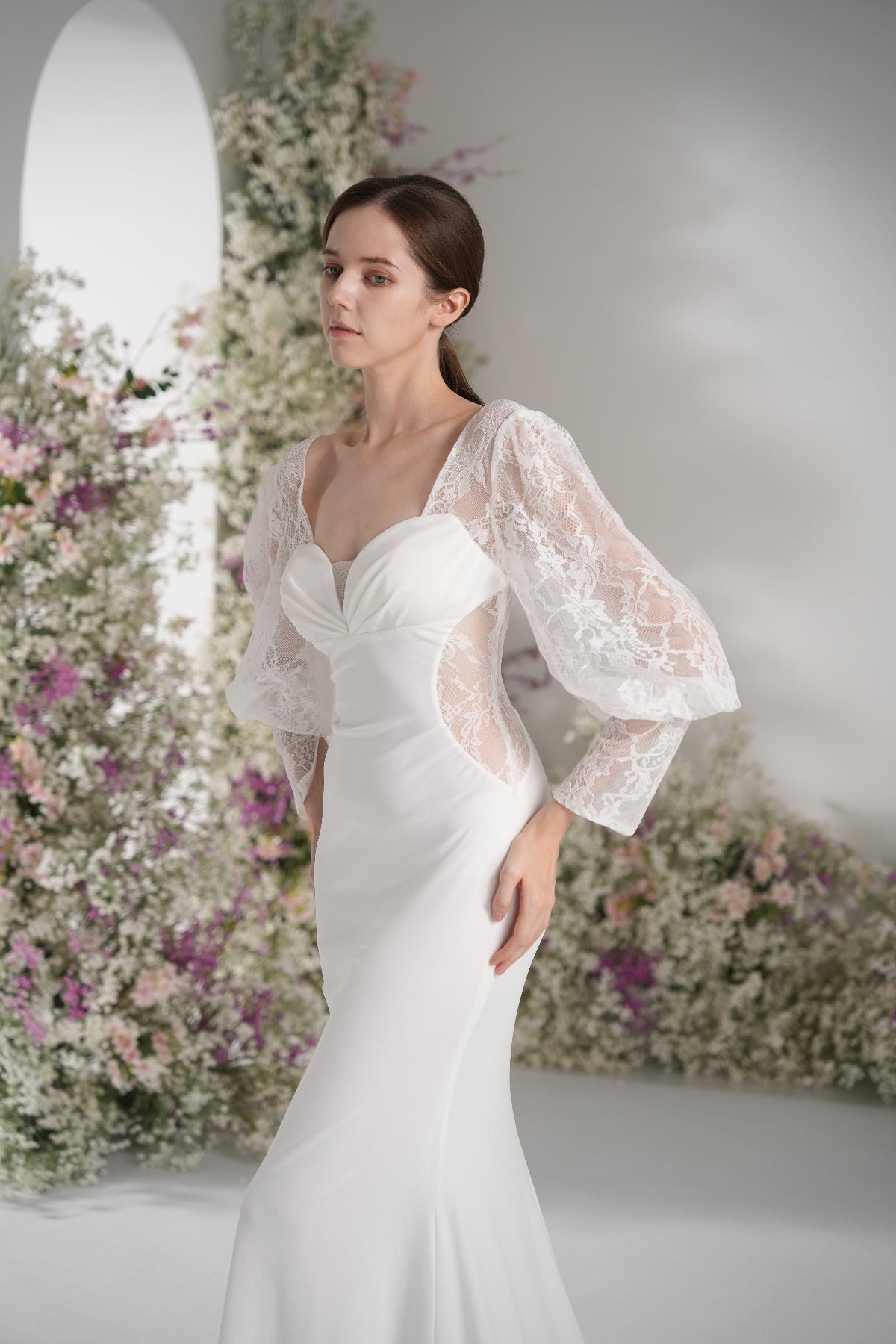 Trumpet/Mermaid Queen neckline Long Sleeve Lace Modest Wedding Dress With Court Train zhexudai
