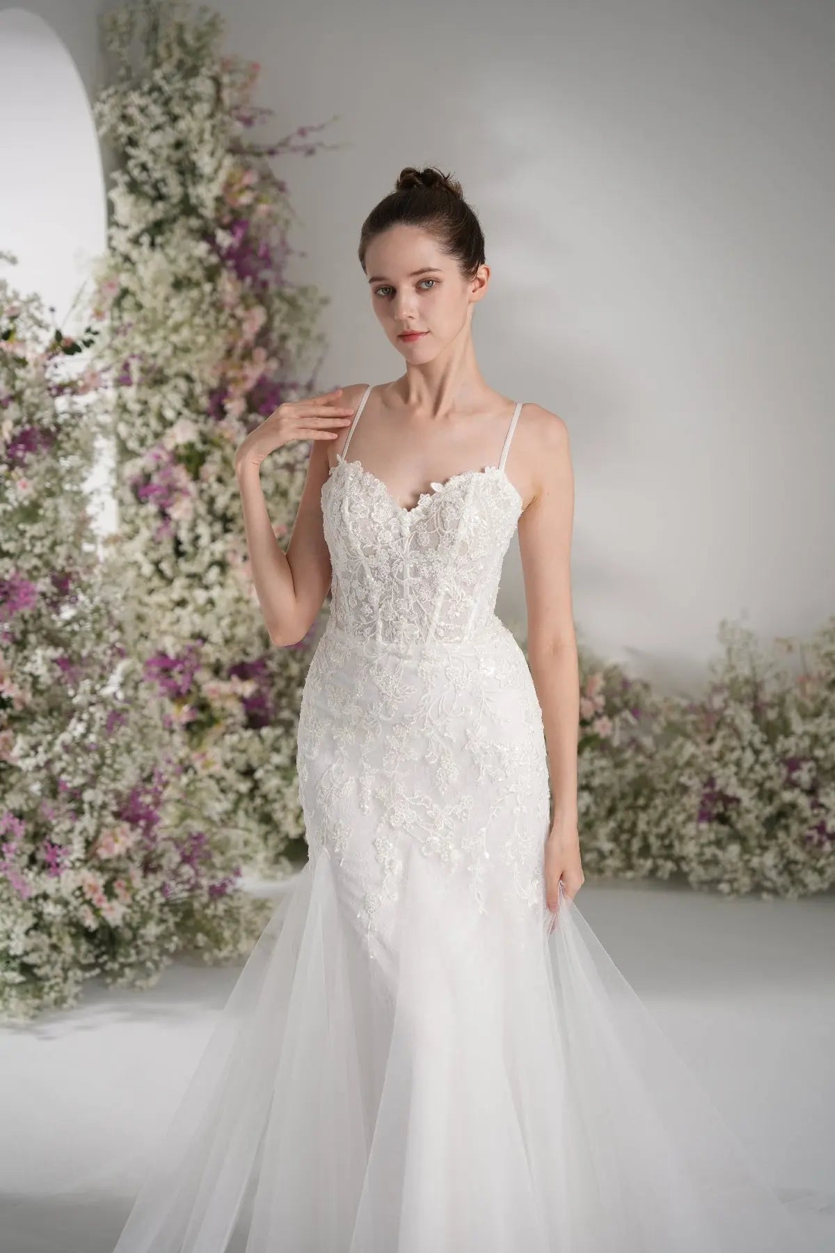 Elsinore Mermaid Sweetheart Lace Appliqué Tulle with Court Train Wedding Dress in White