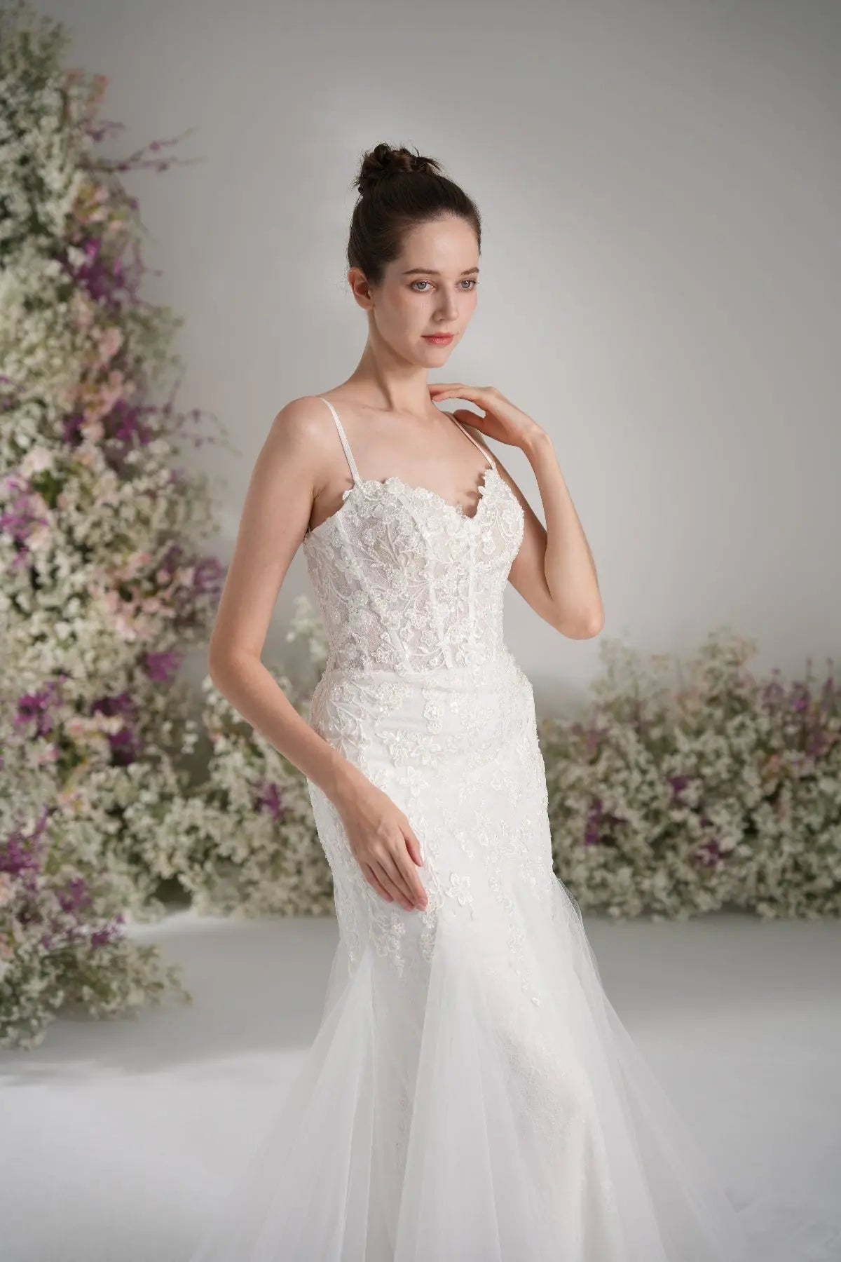 Elsinore Mermaid Sweetheart Lace Appliqué Tulle with Court Train Wedding Dress in White