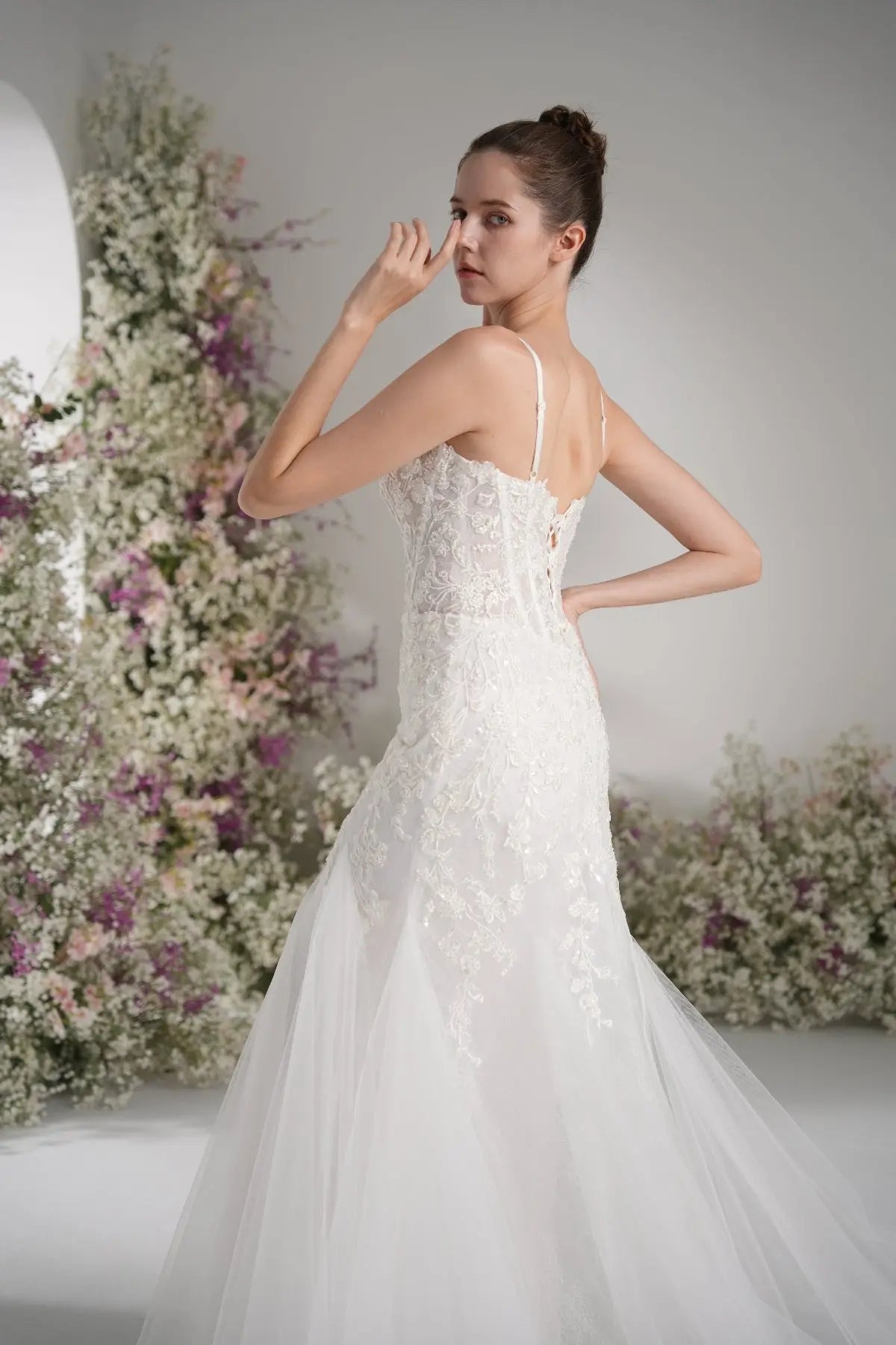 Elsinore Mermaid Sweetheart Lace Appliqué Tulle with Court Train Wedding Dress in White