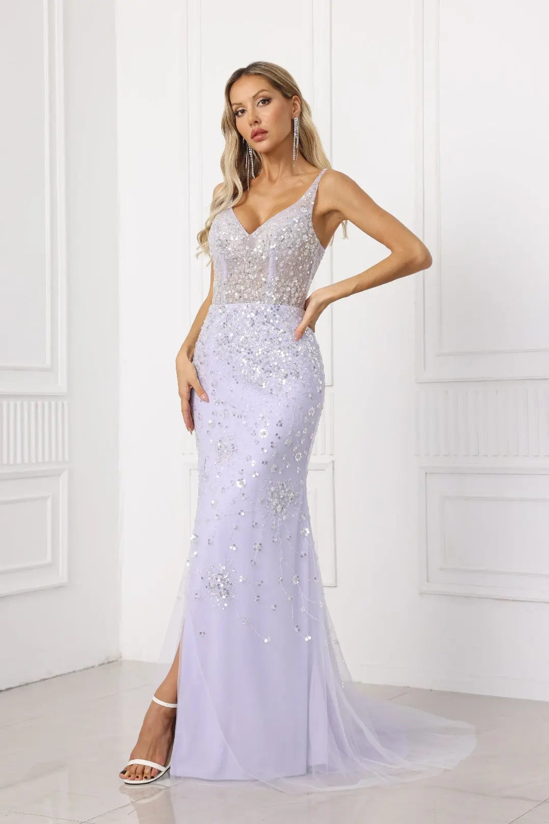 Solenne Mermaid V-Neck Tulle Prom Dress zhexudai