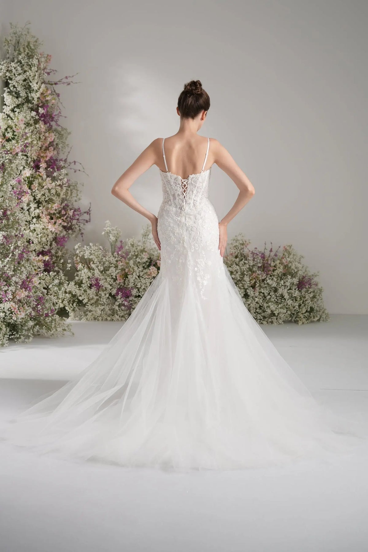 Elsinore Mermaid Sweetheart Lace Appliqué Tulle with Court Train Wedding Dress in White