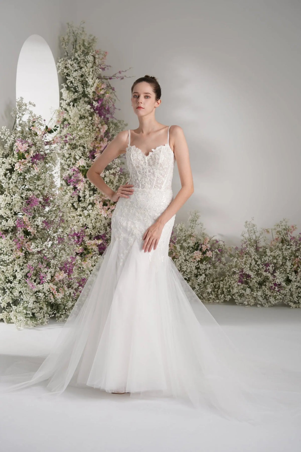 Elsinore Mermaid Sweetheart Lace Appliqué Tulle with Court Train Wedding Dress in White