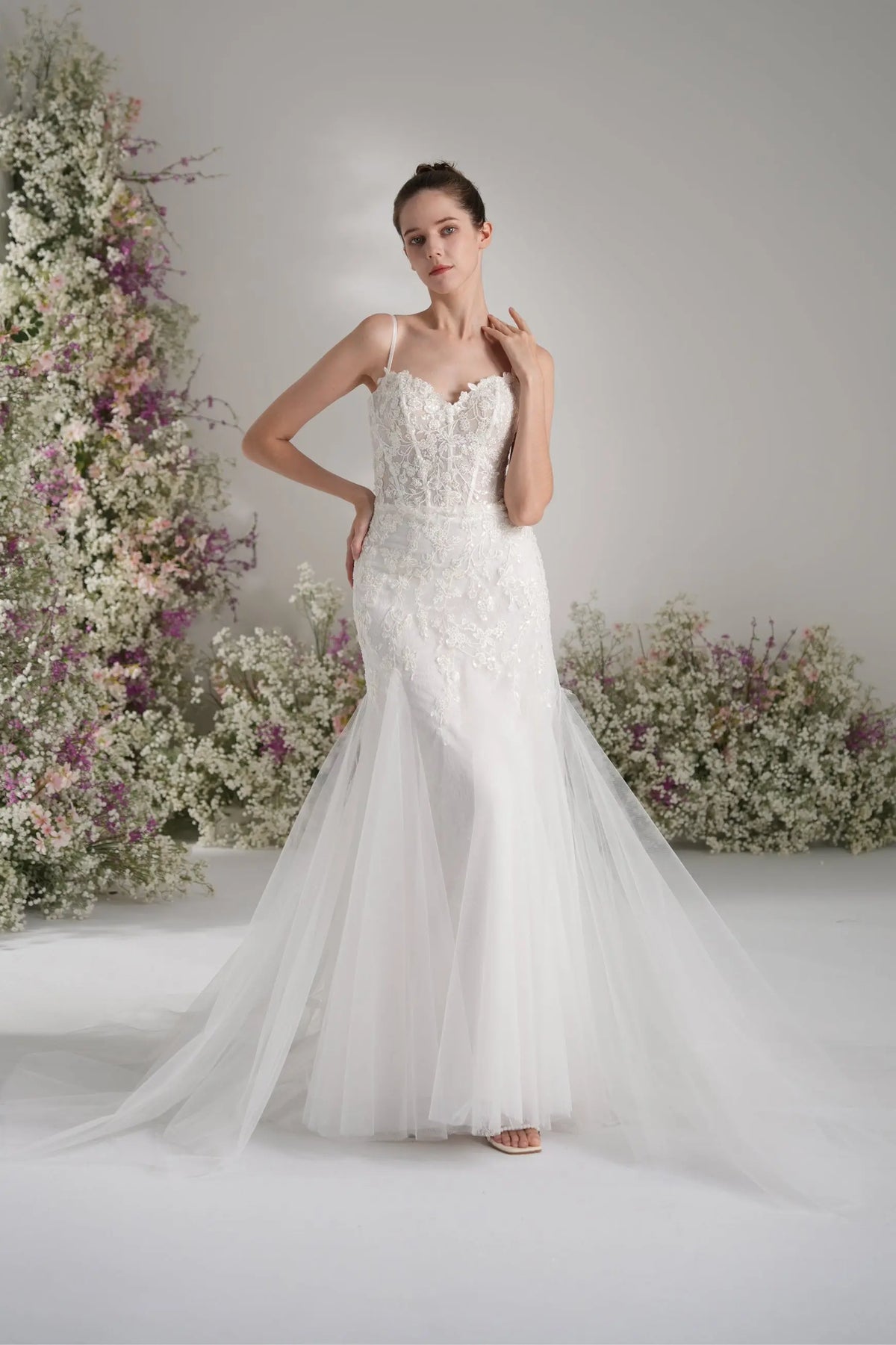 Elsinore Mermaid Sweetheart Lace Appliqué Tulle with Court Train Wedding Dress in White