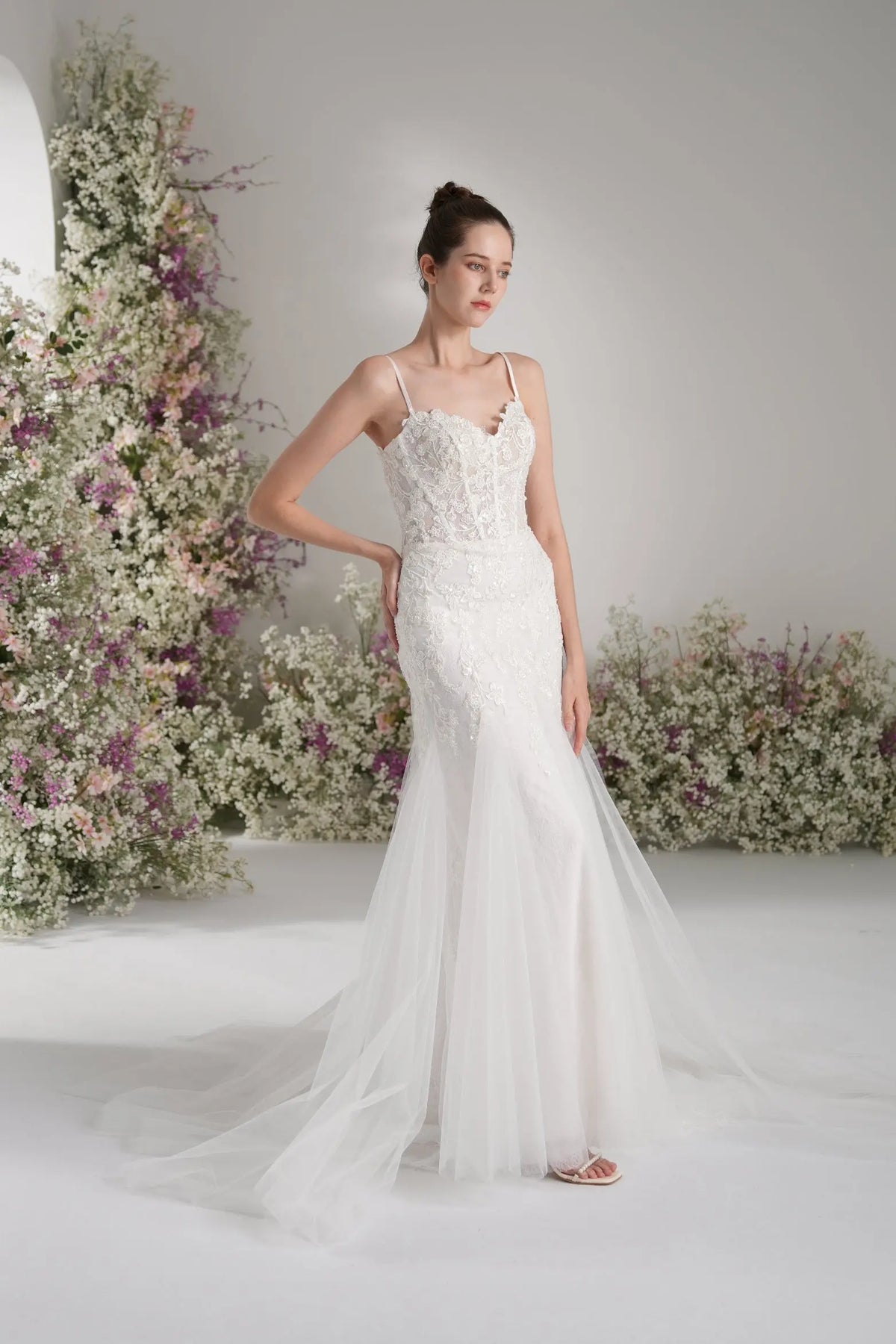 Elsinore Mermaid Sweetheart Lace Appliqué Tulle with Court Train Wedding Dress in White