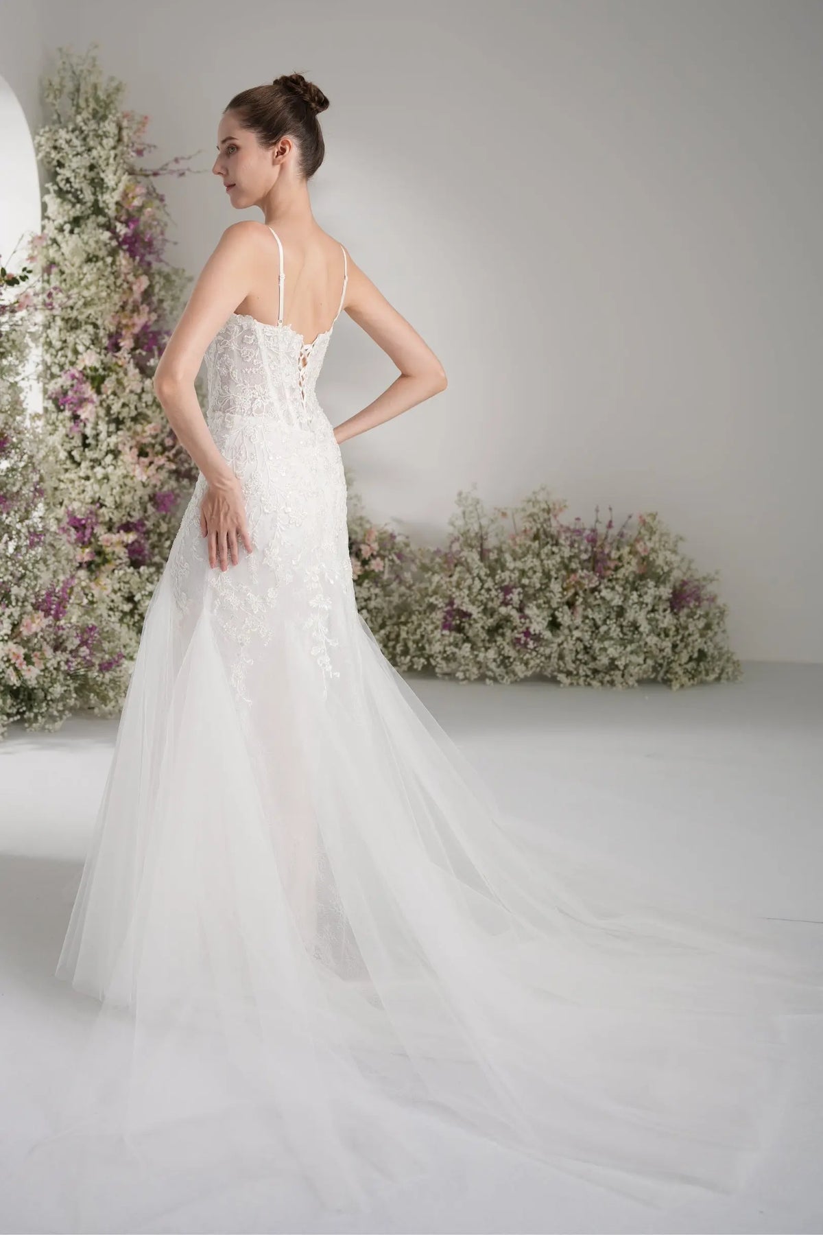Elsinore Mermaid Sweetheart Lace Appliqué Tulle with Court Train Wedding Dress in White