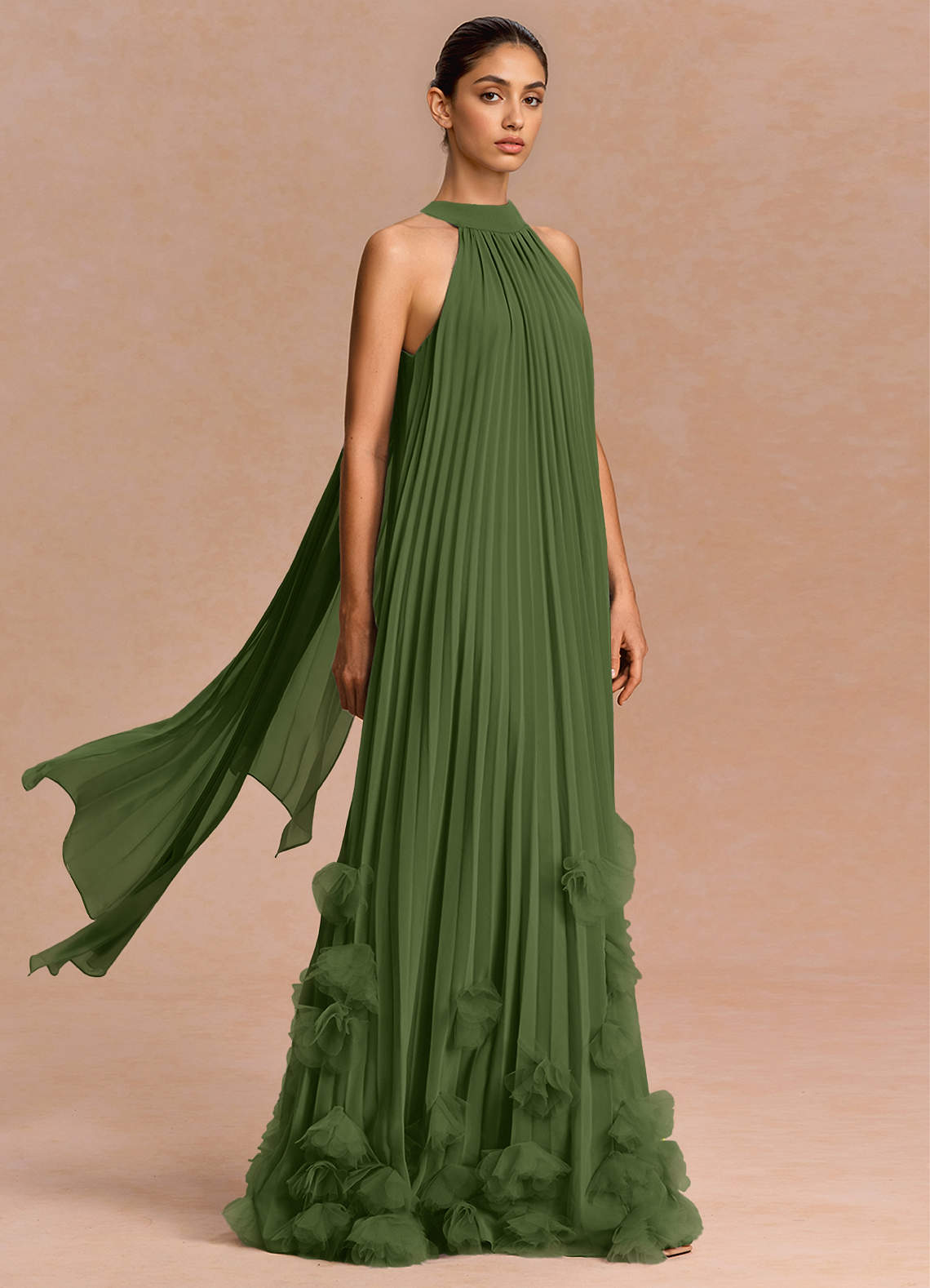 Lucette A-Line Halter Chiffon Evening Dress in Olive