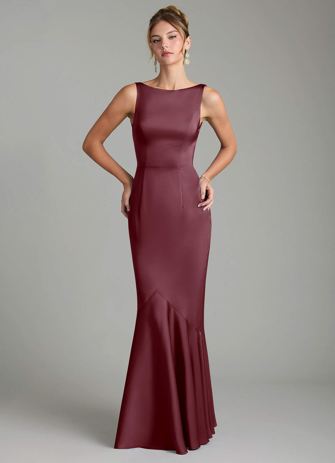 Tamera Mermaid Boat-Neck Stretch Satin and Chiffon Bridesmaid Dress in Sangria