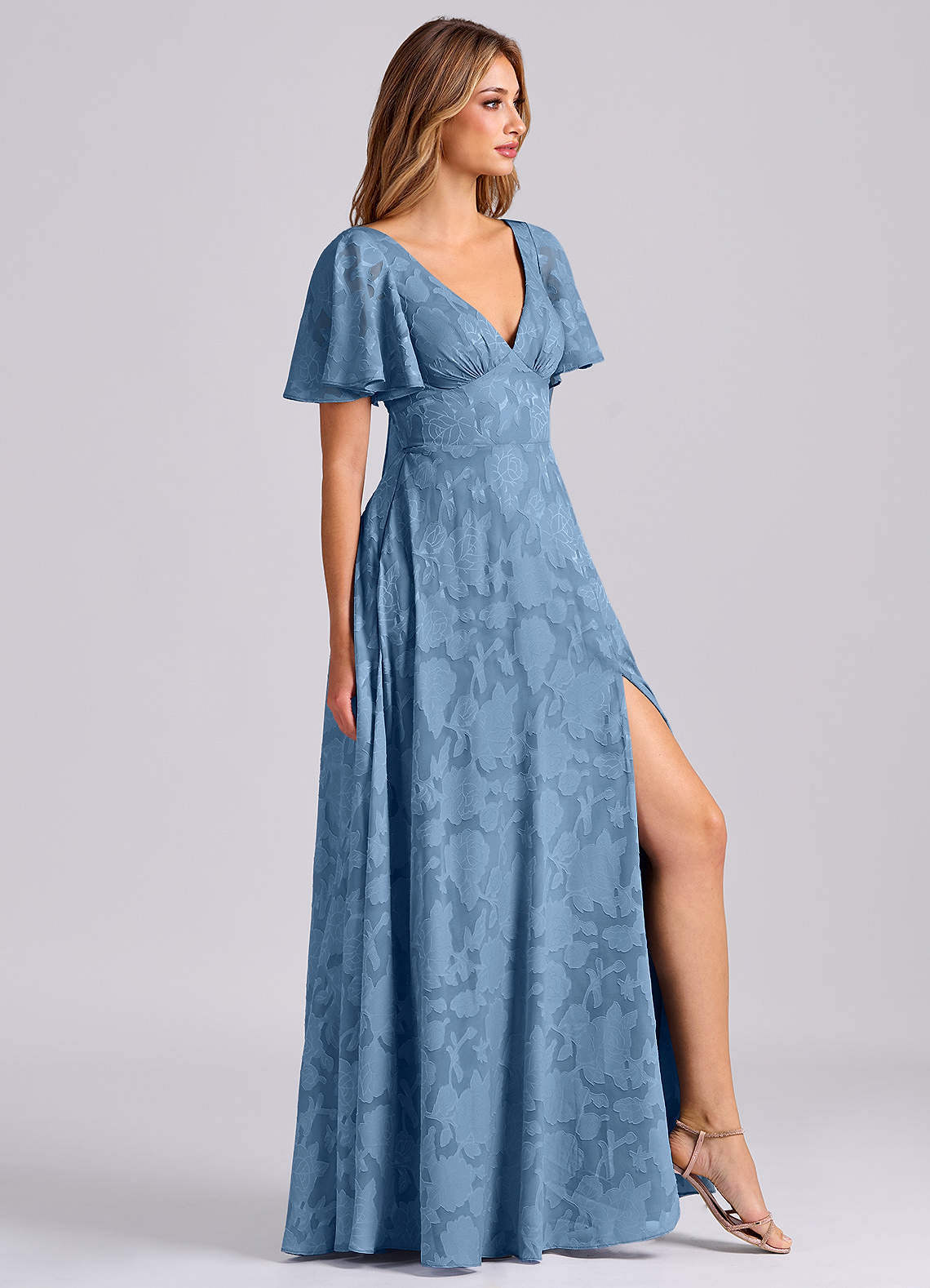 Kimber A-Line V-Neck Floral Burnout Bridesmaid Dress in Steel Blue