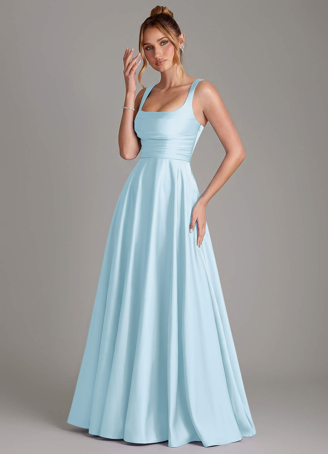 Azaria A-Line Square-Neck Stretch Satin Bridesmaid Dress in Sky Blue