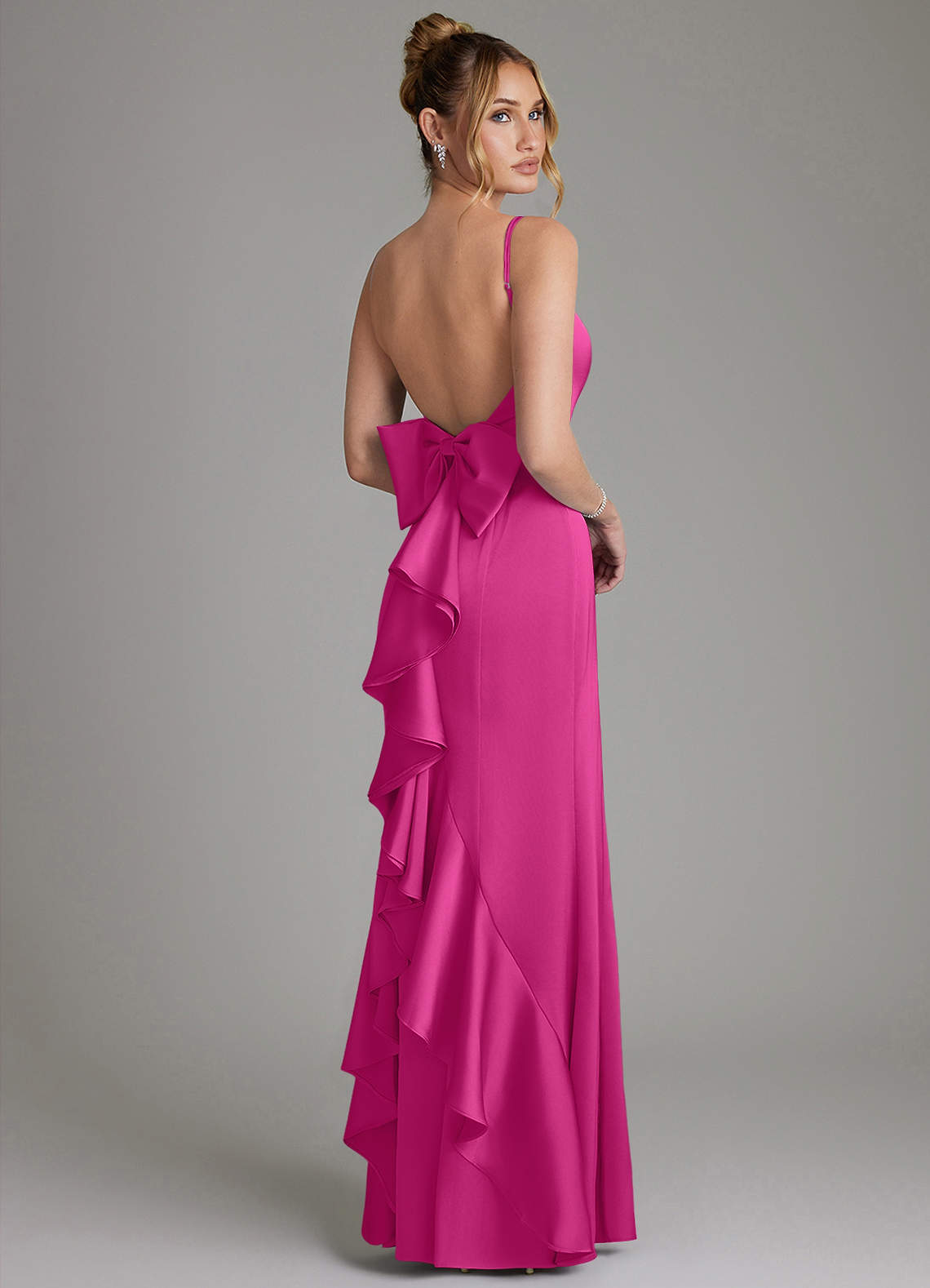 Zherra Mermaid Scoop-Neck Stretch Satin Bridesmaid Dress in Fuchsia