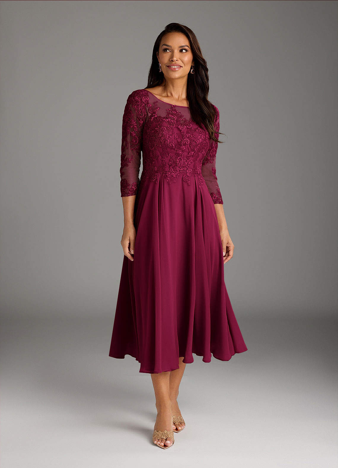 Marge A-Line Scoop-Neck Chiffon and Lace Mother of the Bride Dress in Burgundy