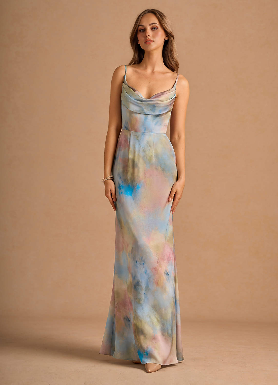 Aimee Cowl-Neck Spaghetti-Strap Floral Jacquard Wedding Guest Dress in Watercolor