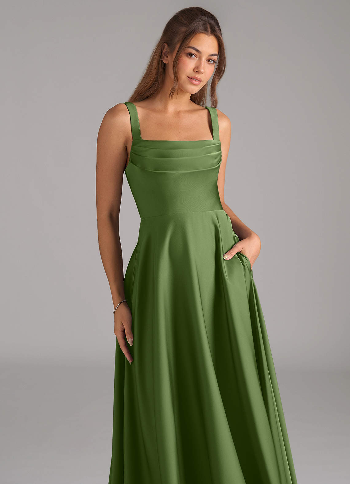 Shaude A-Line Square-Neck Stretch Satin Bridesmaid Dress in Juniper