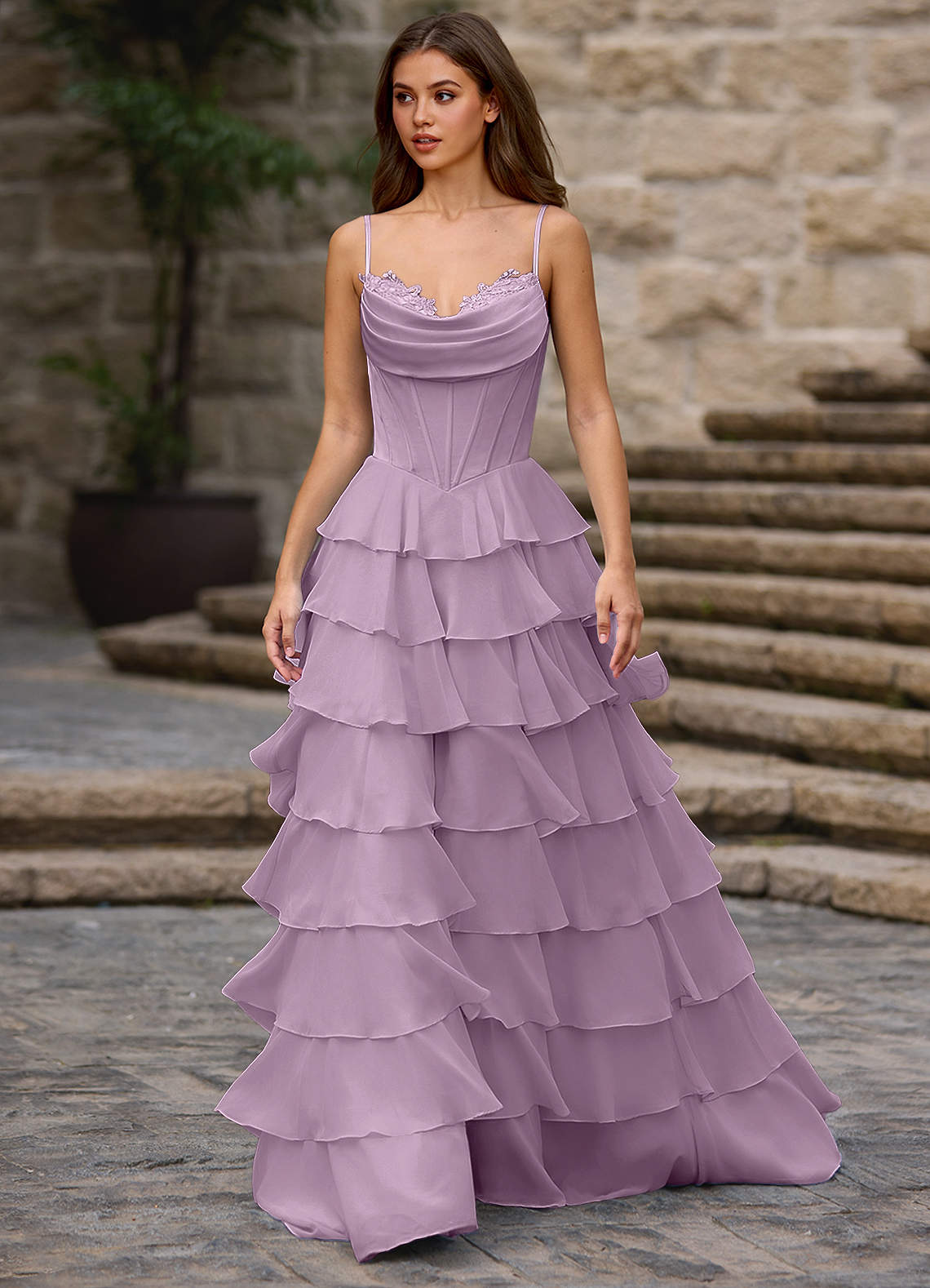 Floralace A-Line Ruffle Chiffon Evening Dress in Wisteria