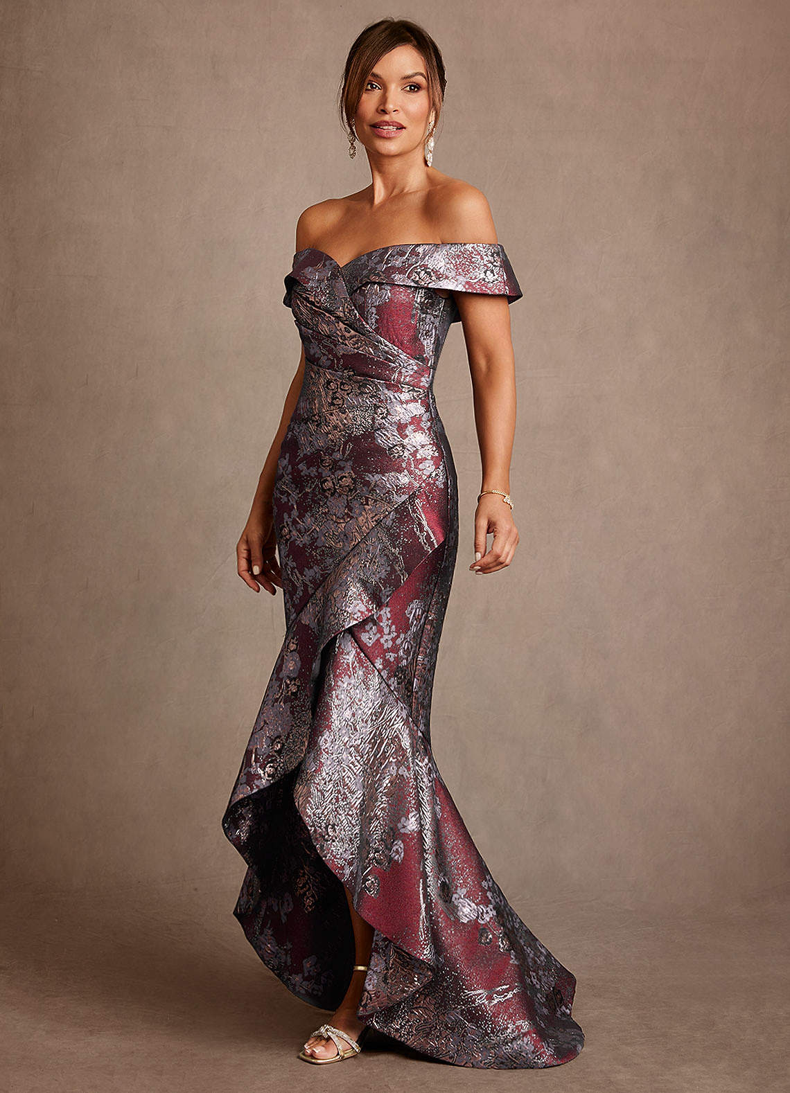 Winnetka Mermaid Off-the-Shoulder Jacquard Mother of the Bride Dress in Merlot Floral