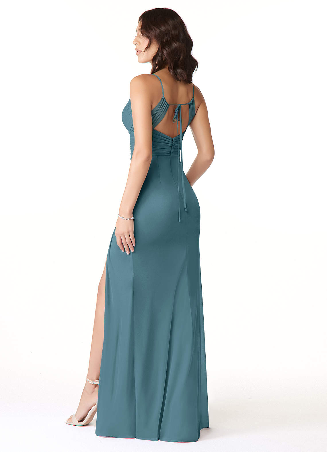 Reneya Mermaid V-Neck Mesh Bridesmaid Dress in Bermuda