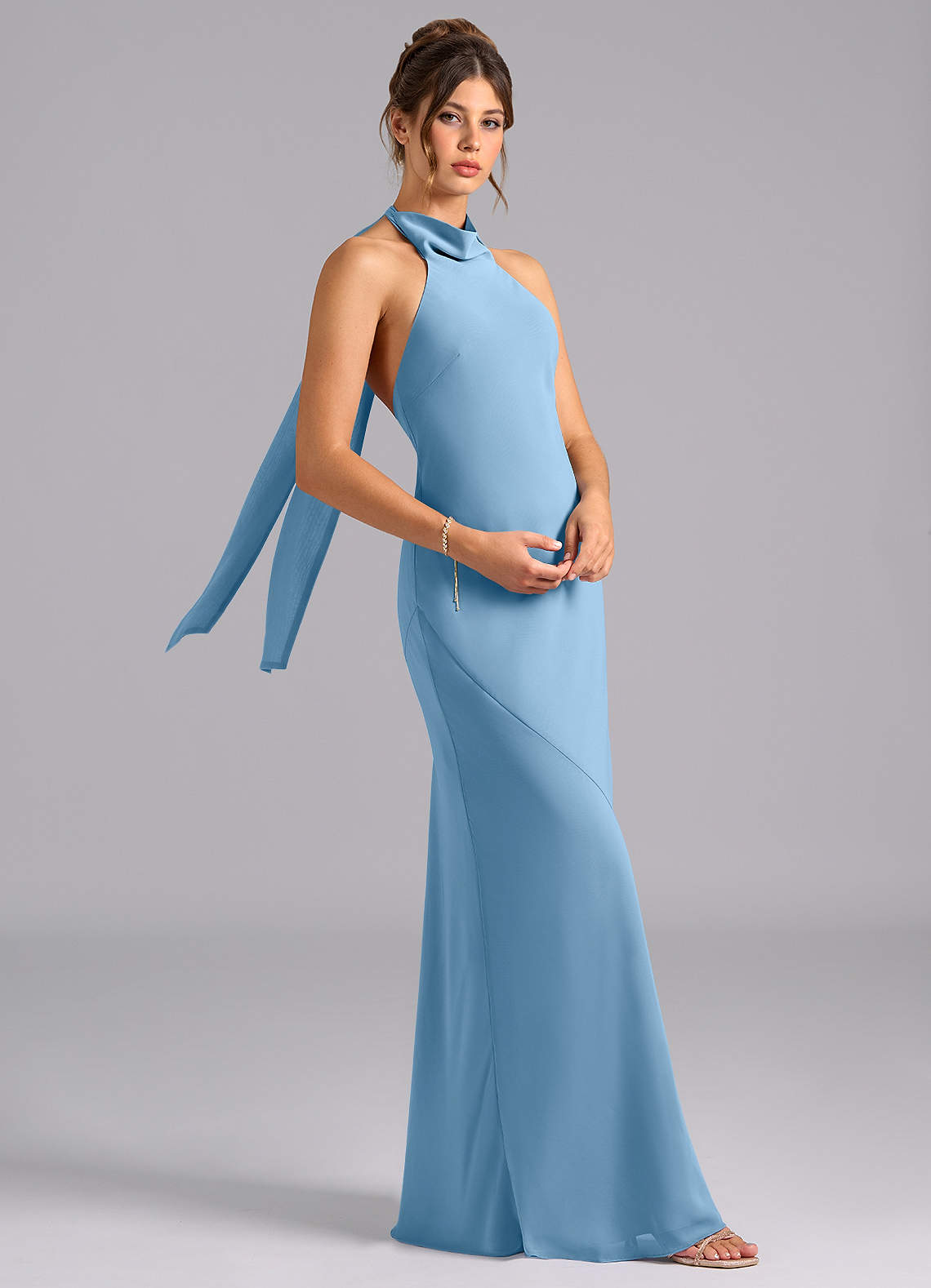Velli Mermaid Halter Chiffon Bridesmaid Dress in Steel Blue