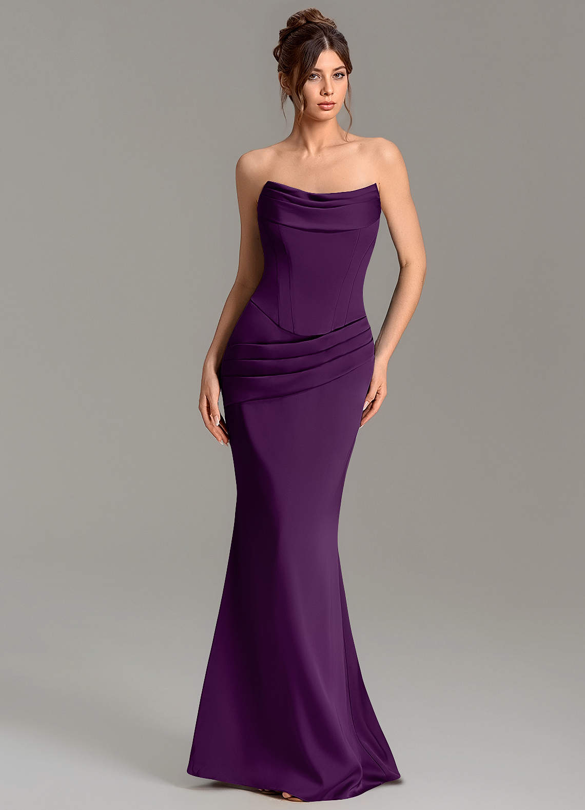 Adrienne Mermaid Cowl-Neck Stretch Satin Bridesmaid Dress in Grape