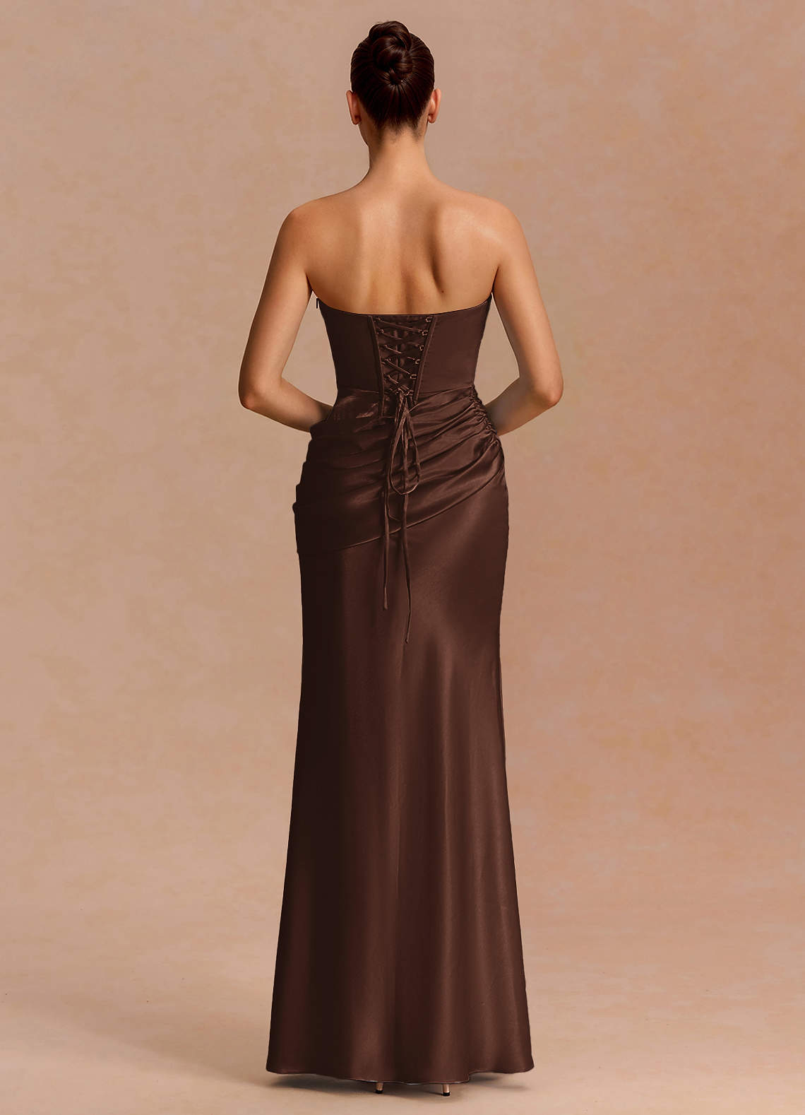Leonie Strapless Draped-Shoulder Satin Evening Dress in ganache