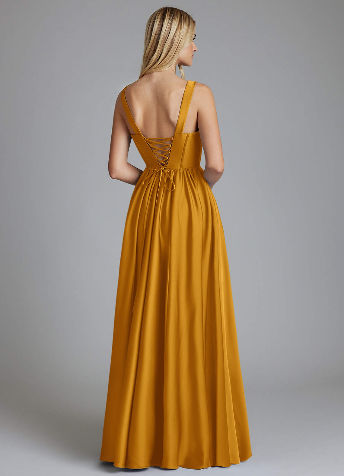 Delmie A-Line V-Neck Stretch Satin Bridesmaid Dress in butterscotch