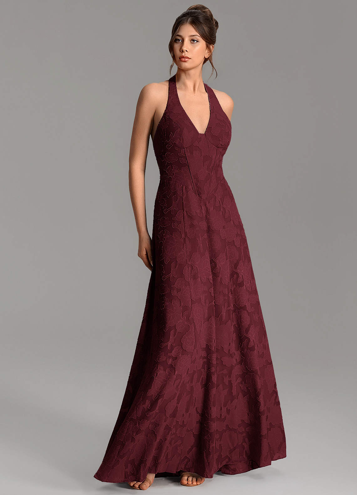 Nia A-Line V-Neck Floral Burnout Bridesmaid Dress in Cabernet
