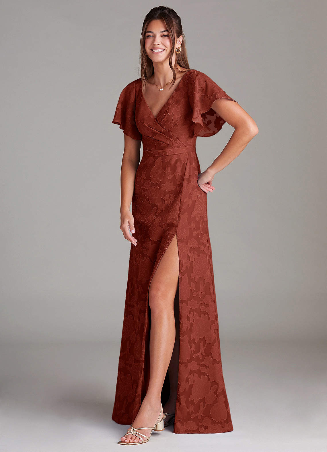 Ambrosia A-Line V-Neck Floral Burnout Bridesmaid Dress in Terracotta