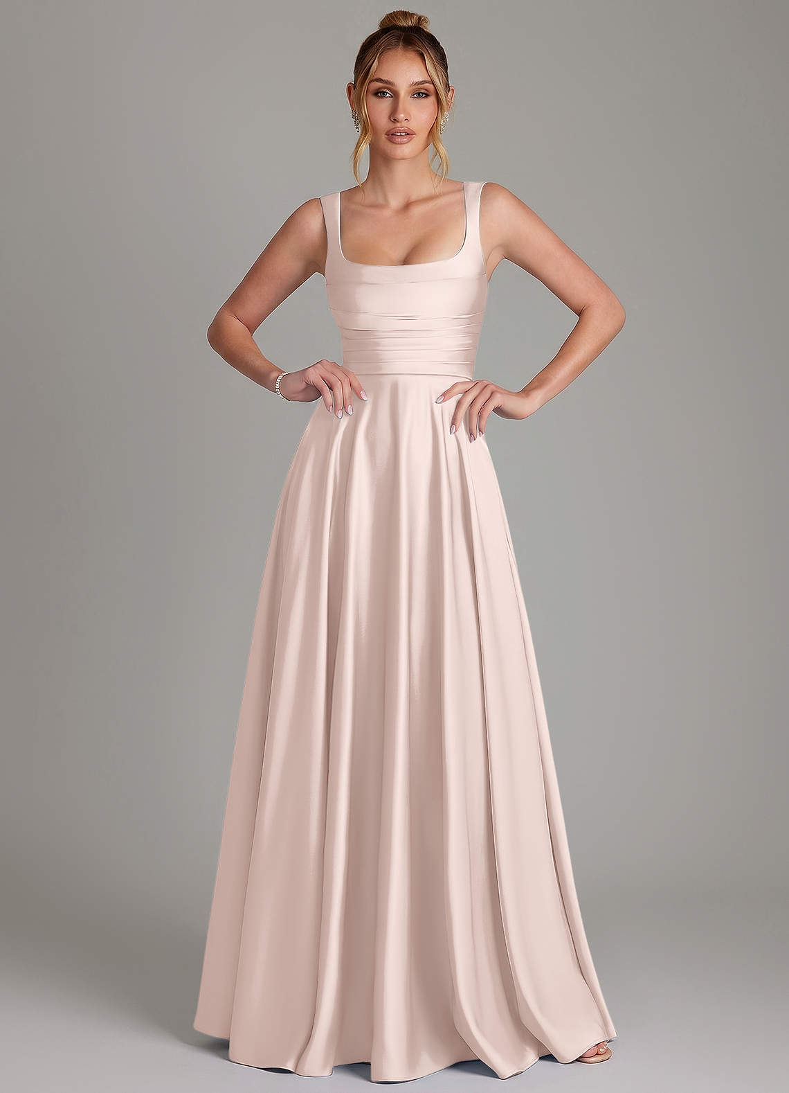Azaria A-Line Square-Neck Stretch Satin Bridesmaid Dress in Blushing Pink
