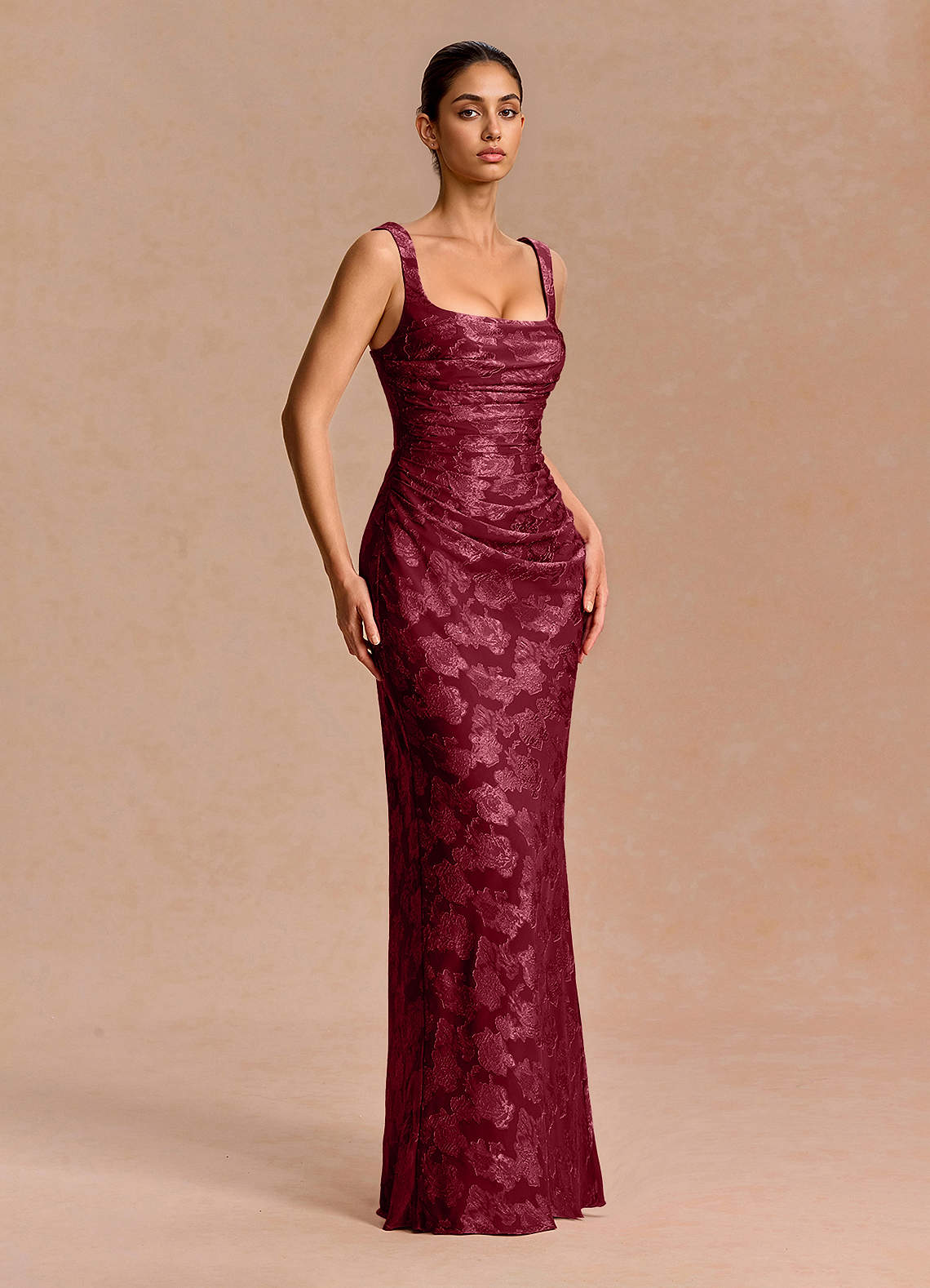 Agustina Square-Neck Pleated Fil Coupé Evening Dress in Lemon Sorbet