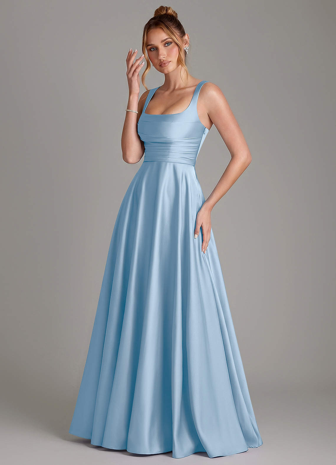 Azaria A-Line Square-Neck Stretch Satin Bridesmaid Dress in Powder Blue