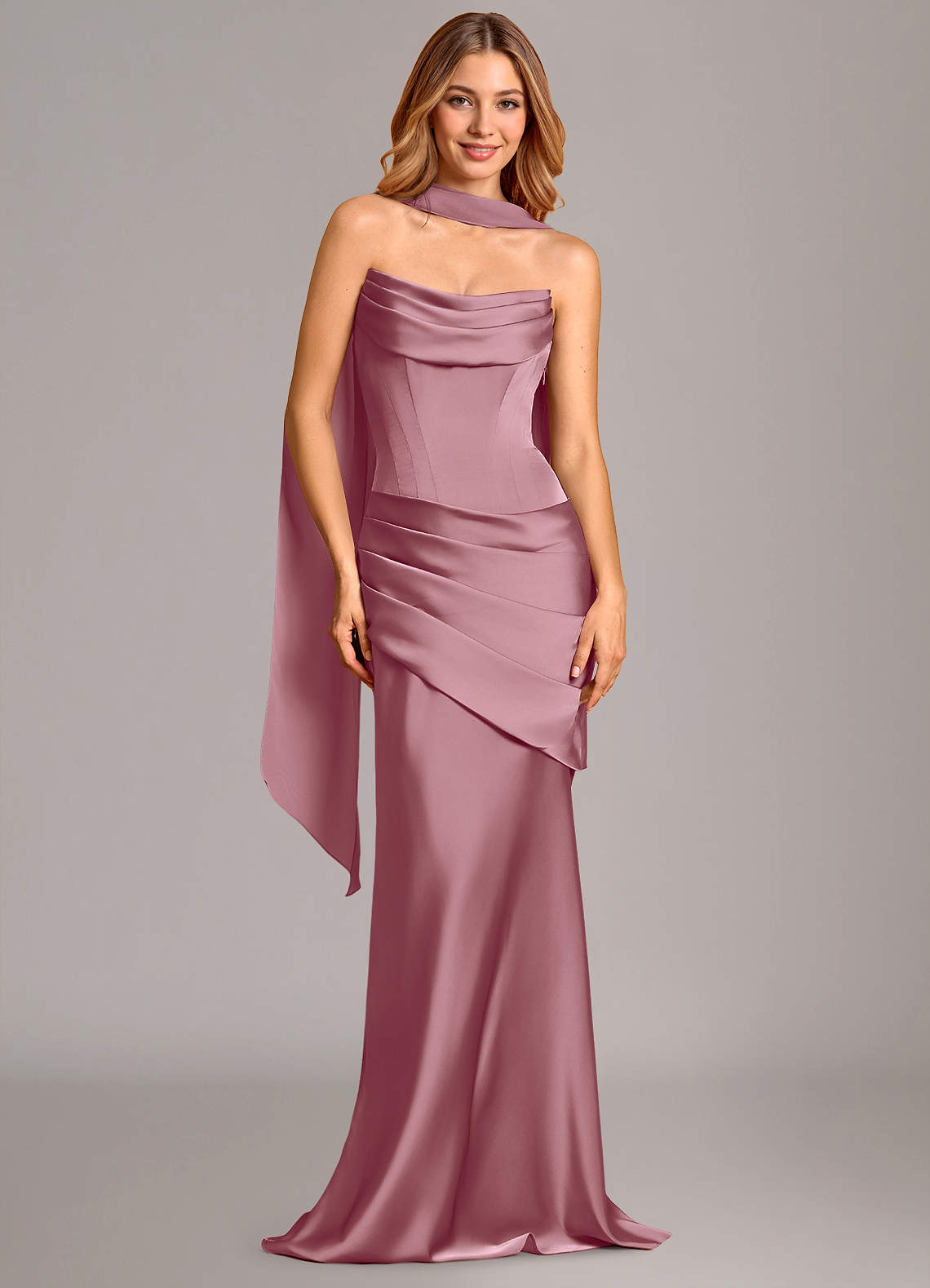 Pelagia Mermaid Cowl-Neck Stretch Satin Bridesmaid Dress in Vintage Mauve