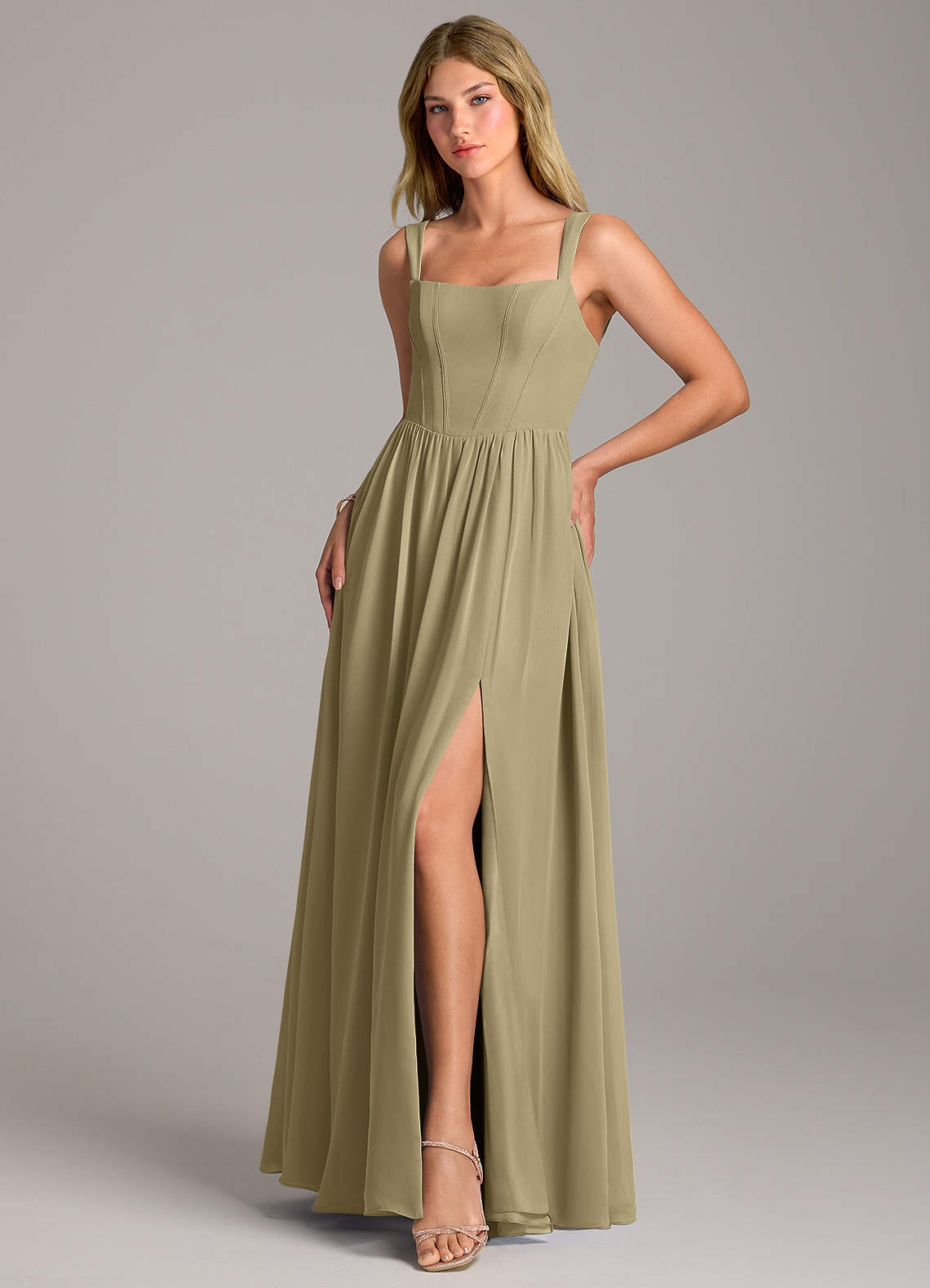 Rosaline A-Line Square-Neck Chiffon Bridesmaid Dress in Moss Green