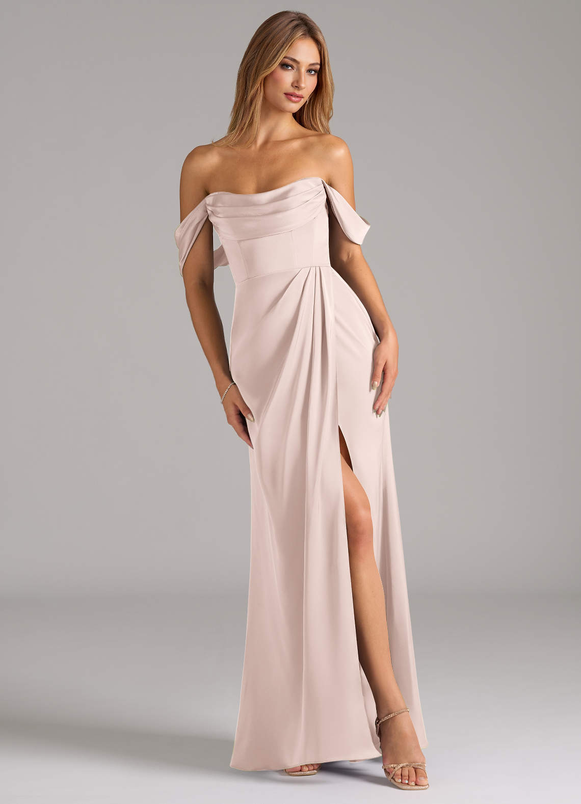 Johana Mermaid Off-the-Shoulder Stretch Satin Bridesmaid Dress in Blushing Pink