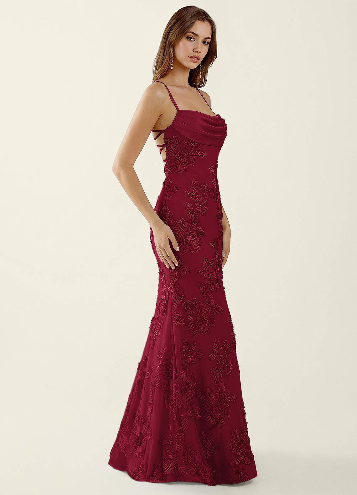 Bellatrix Mermaid Spaghetti-Strap Stretch Lace Evening Dress in Burgundy