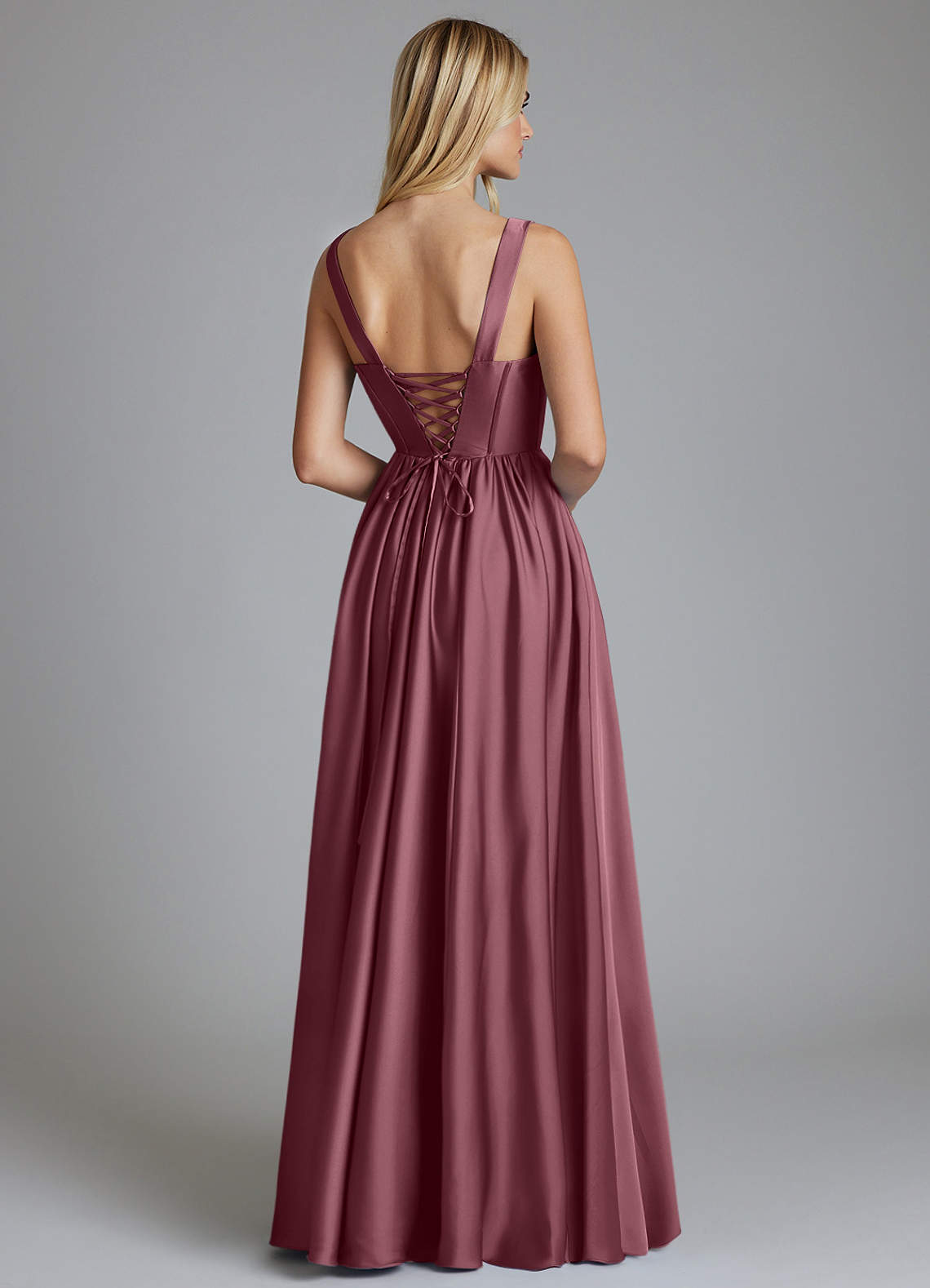 Delmie A-Line V-Neck Stretch Satin Bridesmaid Dress in Desert Rose